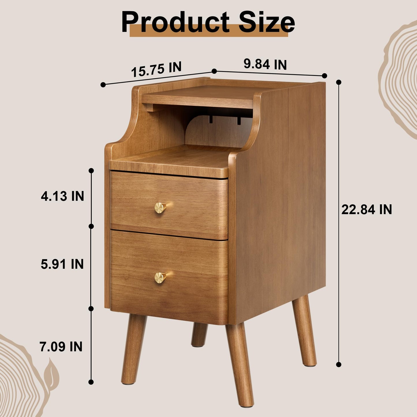 Narrow Nightstand Set of 2, Solid Wood Night Stand with 2 Drawers, Walnut Mid Century Modern Nightstand, Small Bedside Table with Open Storage Shelf for Bedroom (10 Inch)