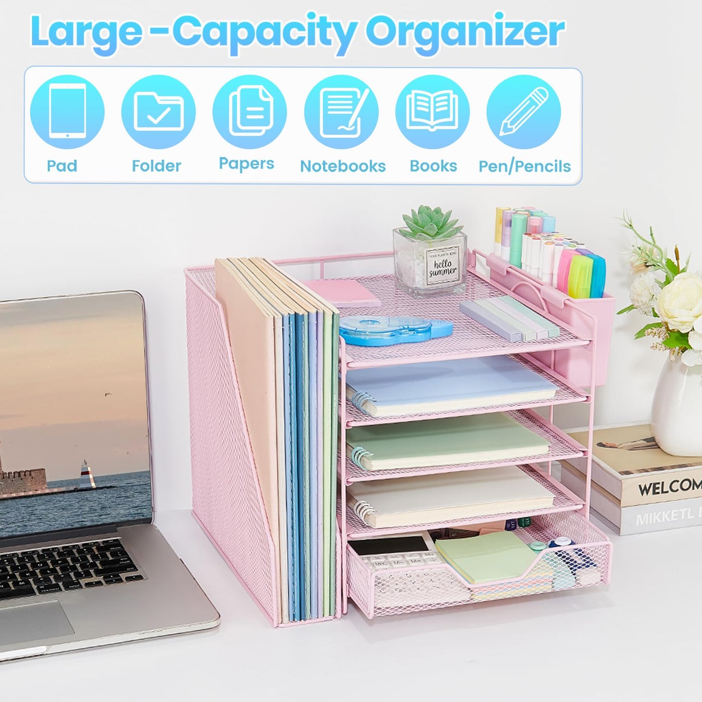 Gugsey Desk Organizers and Accessories, 5-Tier Paper Letter Tray Organizer with File Holder, Drawer & Pen Holder, Office Desk Accessories, Desktop Organizer for Classroom Office Supplies, Pink