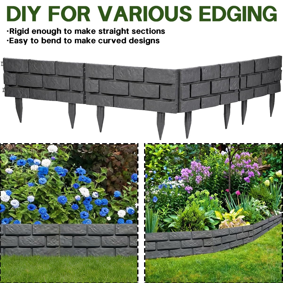 14.5FT/4.4M Brick Effect Garden Edging Border, 7IN/18CM Tall Lawn Flower Bed Edging Decorative Panels,Landscape Edge for Yard Tree Grass Path, DIY Straight/Curved/Circular Shapes -10PCS Grey