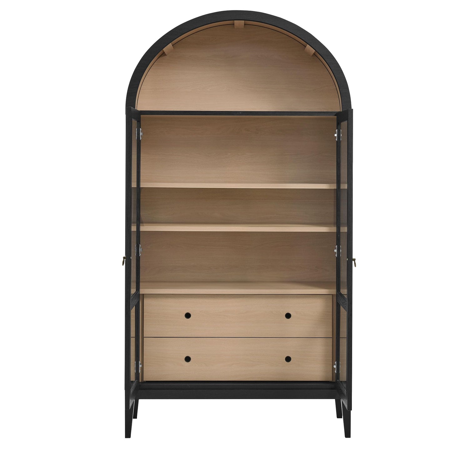 Modway Nolan Tall Arched Storage Display Cabinet in Black Oak - 74 Inch Arch Bookshelf with Glass Doors, Shelves and Drawers - Modern Accent Cabinet for Living Room, Dining Room
