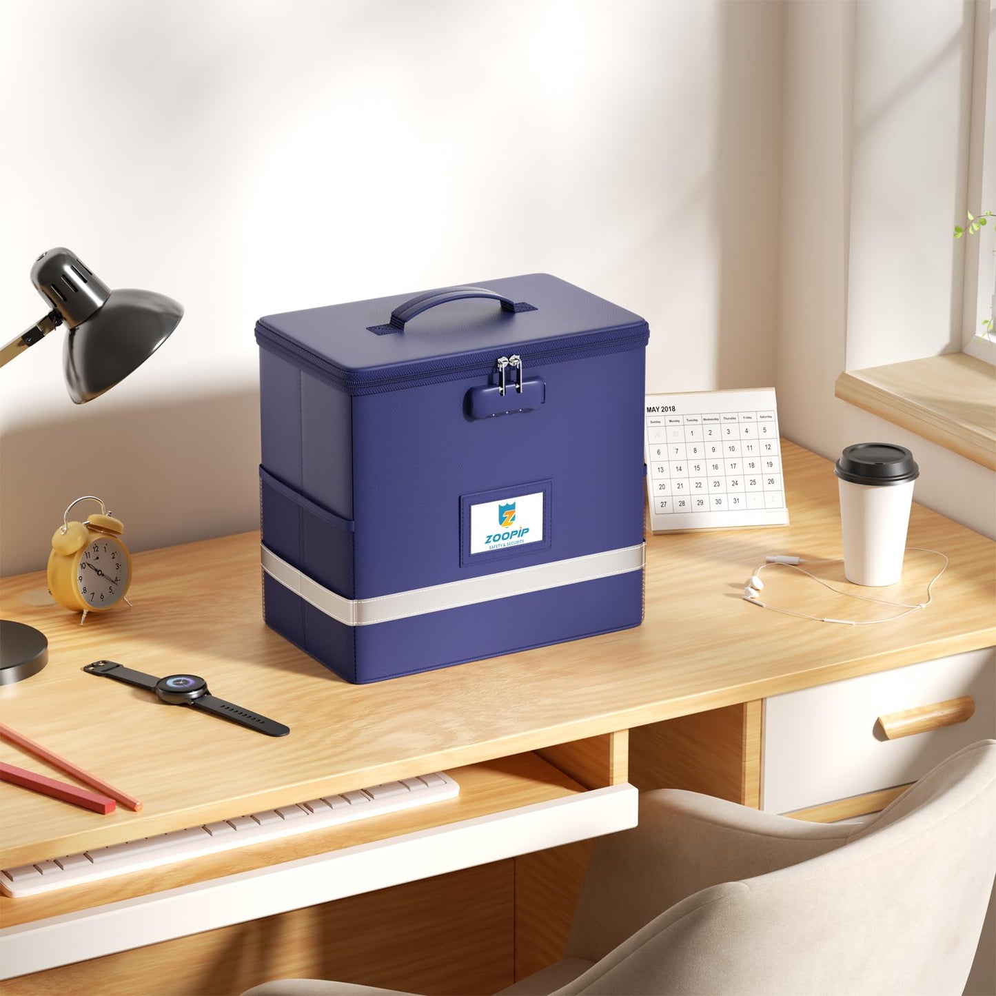 ZOOPIP Fireproof File Box with Lock, Document Box Storage Organizer, Suitable for Hanging File Folders in Letter Size, Collapsible File Box, Reflective Strip for Fast Find (12.2"*6"*10.2, Blue)