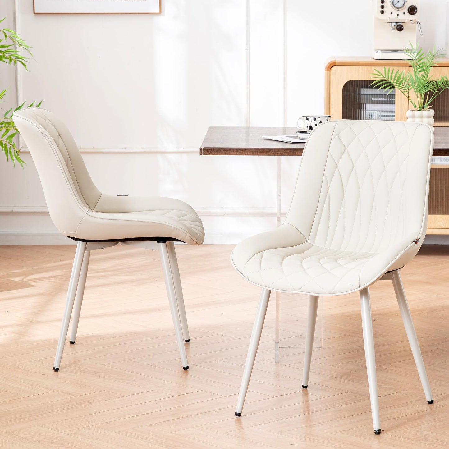YOUNIKE Cream Faux Leather Dining Chairs Set of 2 Mid-Century Modern High Padded Back Comfy Upholstered Kitchen Chairs with Metal Legs Wide Seat Accent Side Chair for Dining/Living/Waiting Room