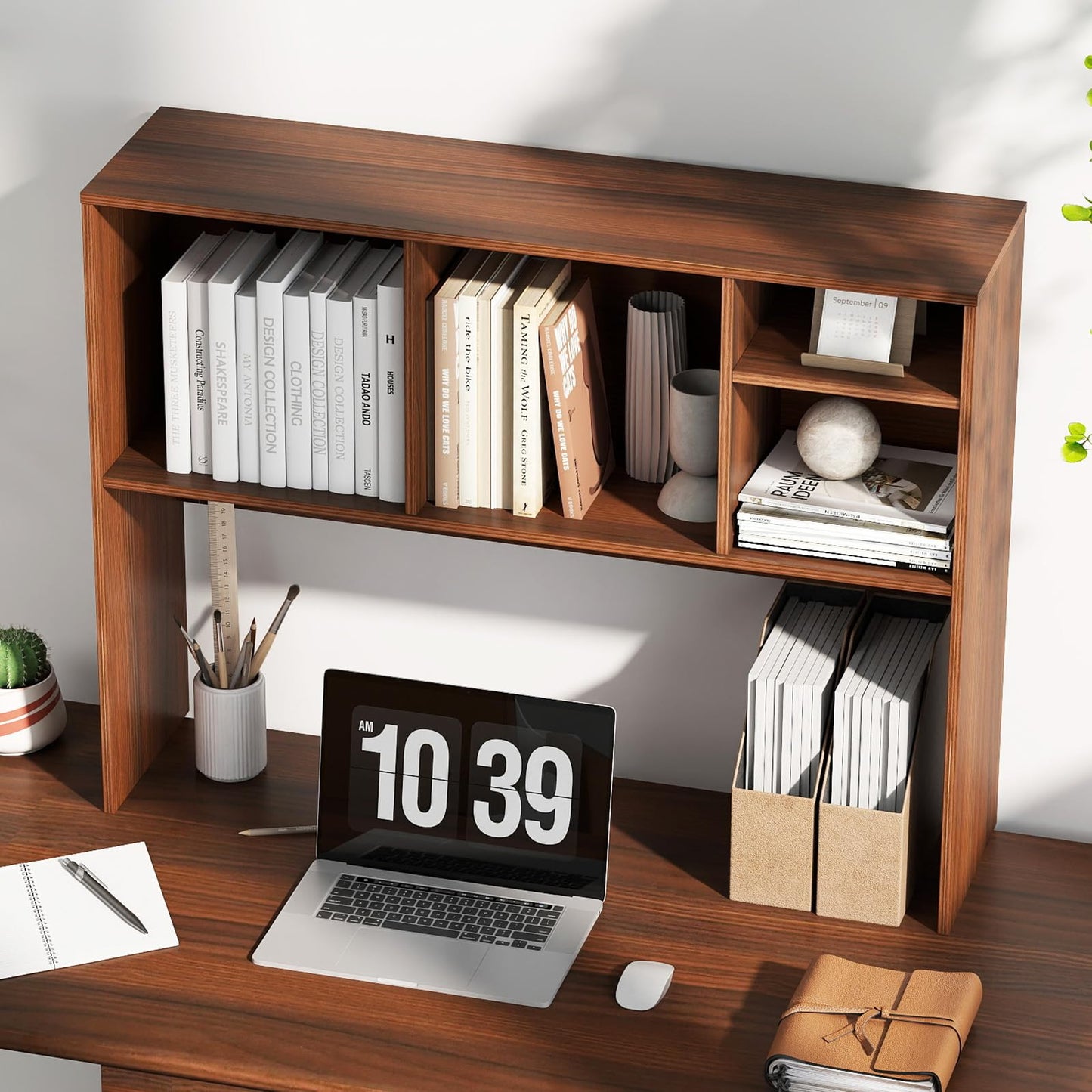 Tangkula Desktop Bookshelf, Countertop Storage Hutch with 4 Shelves for Computer Desk, Desktop 2-Tier Display Rack, Multipurpose Wood Desk Hutch Storage Organizer for Dorm Office Home (Walnut)