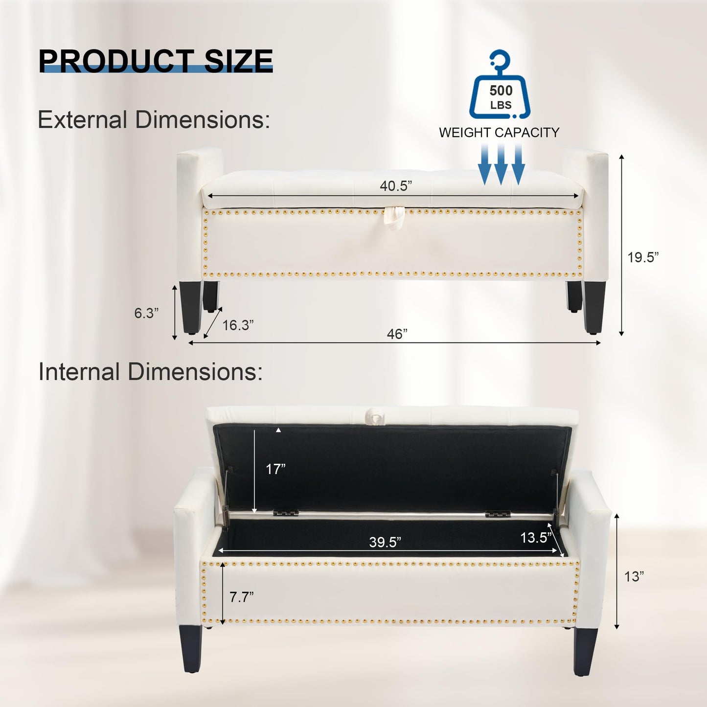 UDAX Storage Ottoman Bench, Velvet Upholstered Footstool for Bedroom and Living Room, Tufted Seat with Storage, Wooden Legs & Metal Rivets, Beige