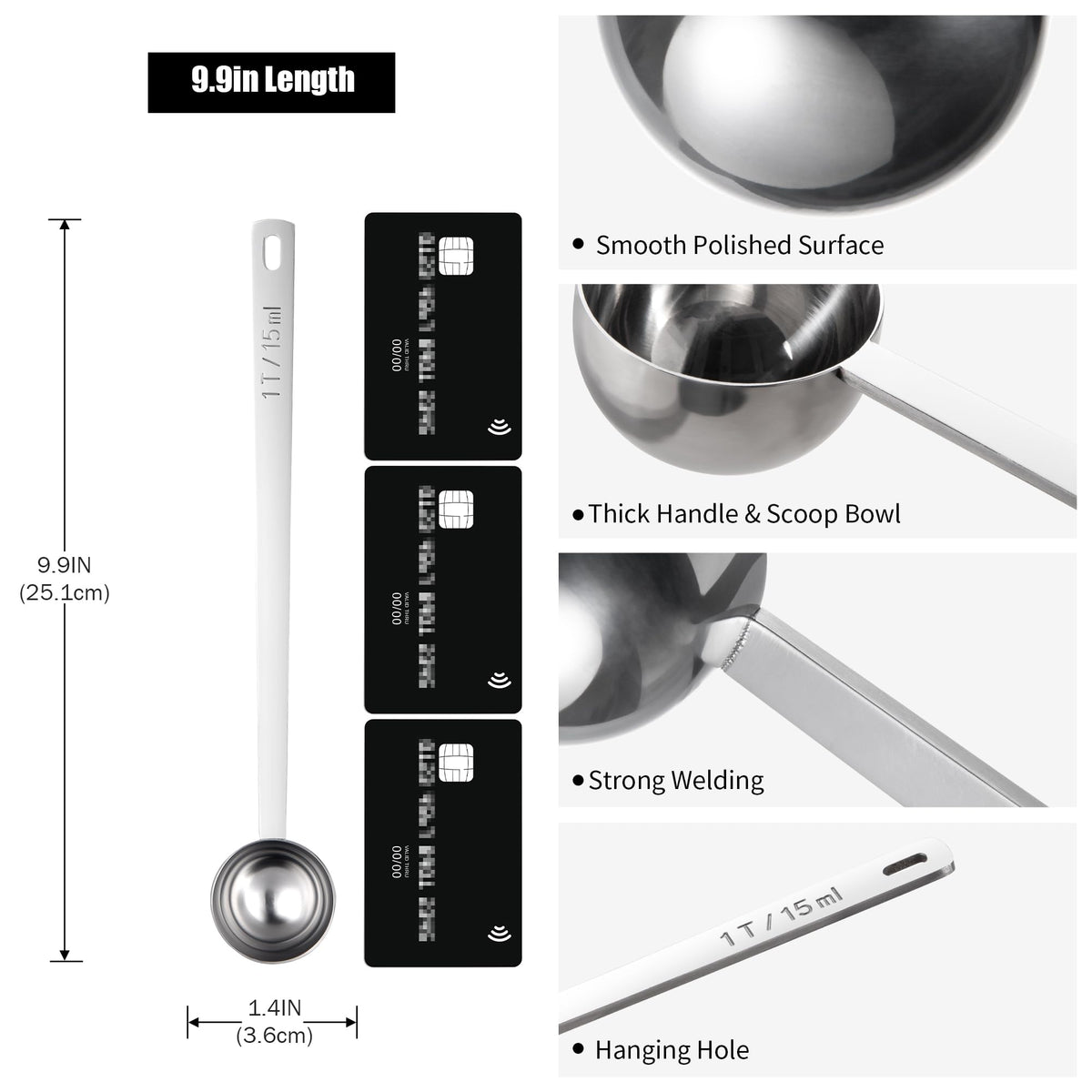 18/8 Stainless Steel Coffee Scoop, Doosu Food-Grade Metal Measuring Spoon with 8.5in Long Handle, Tablespoon Scooper for Coffee Beans, Ground Coffee, Espresso, Protein Powders, Tea, Sugar (1 Tbsp)