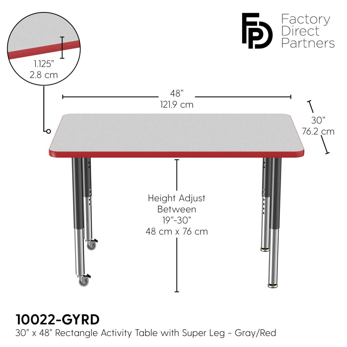 FDP Mobile Rectangle Activity School and Office Table (30 x 48 inch), Super Legs with Glides and Casters, Adjustable Height 19-30 inches - Gray Top and Red Edge