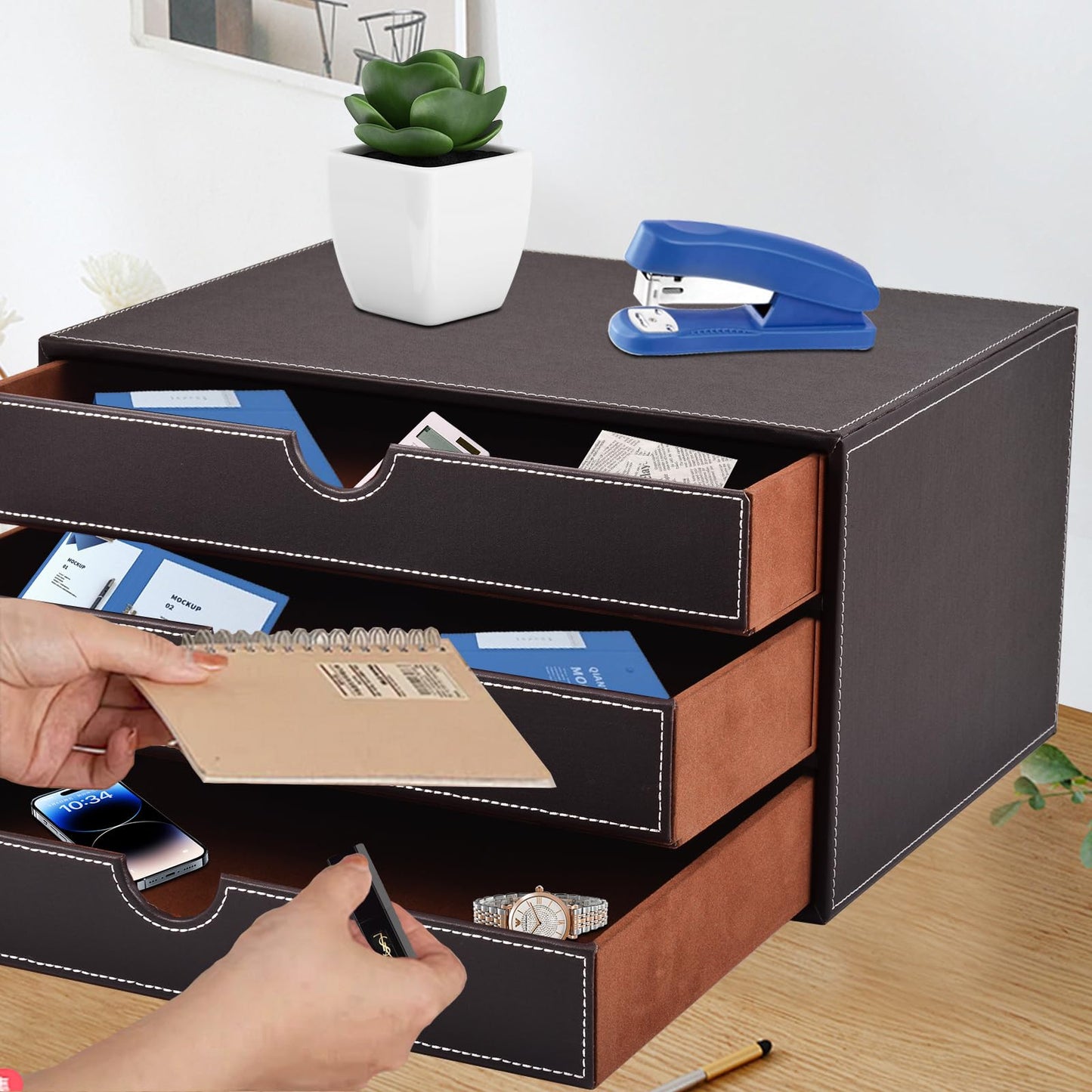 XNONE PU Leather Desk Organizer with 3 Drawers,Executive Office Supplies Desktop Filing A4 File Cabinet/Holder for Jewelry/Bill/Paper/Documents/Makeup Home Decor Stationery Storage Box,Brown