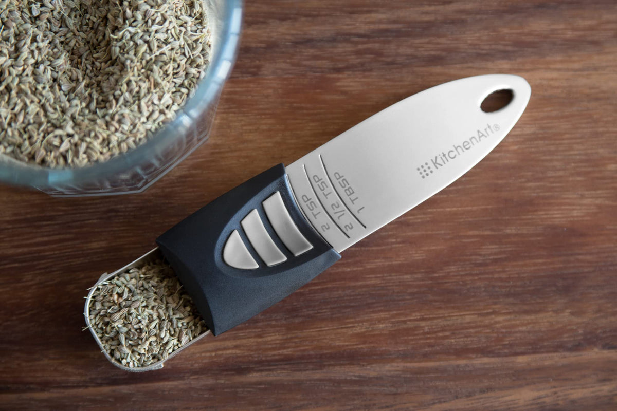 KitchenArt Stainless Steel Pro Adjust-A-Tablespoon, Adjustable Tablespoon Scoop, Measures 1/2 TSP to 1 TBL