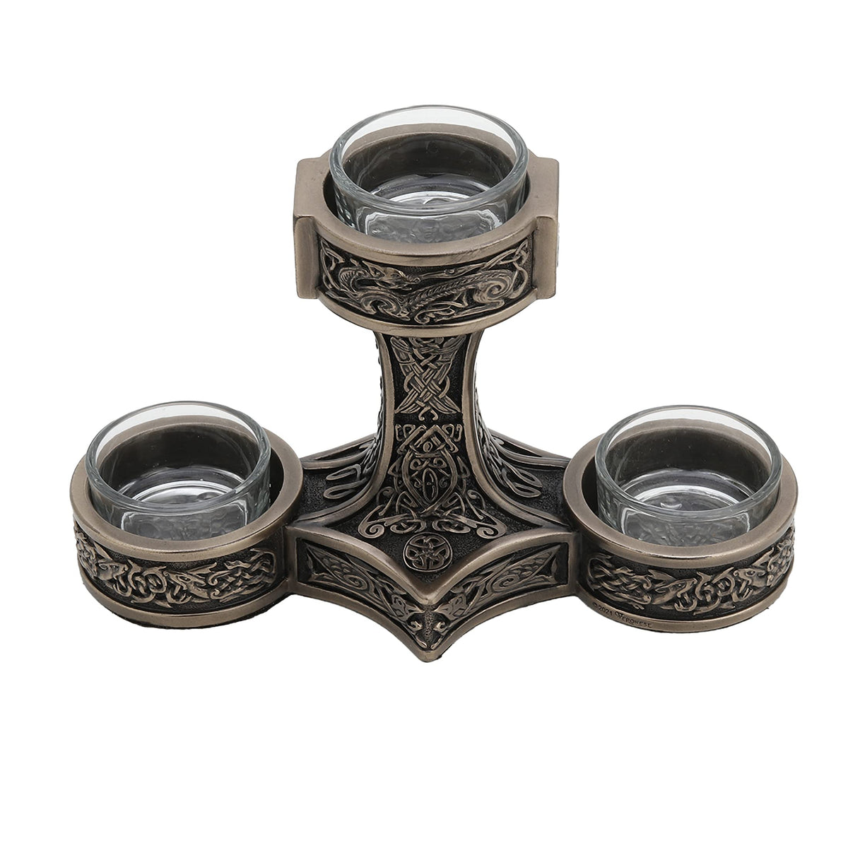 Veronese Design 4 7/8 Inch Tall Mjolnir Hammer of Thor Triple Head Tealight Candle Holder Viking Nordic Decor Cold Cast Bronzed Resin Sculpture