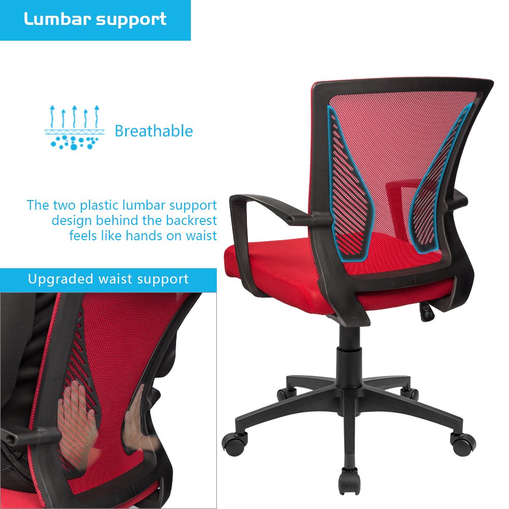 Furmax Office Chair Ergonomic Computer Desk Mesh Chair Mid Back Swivel Lumbar Support with Armrest (1, Red)