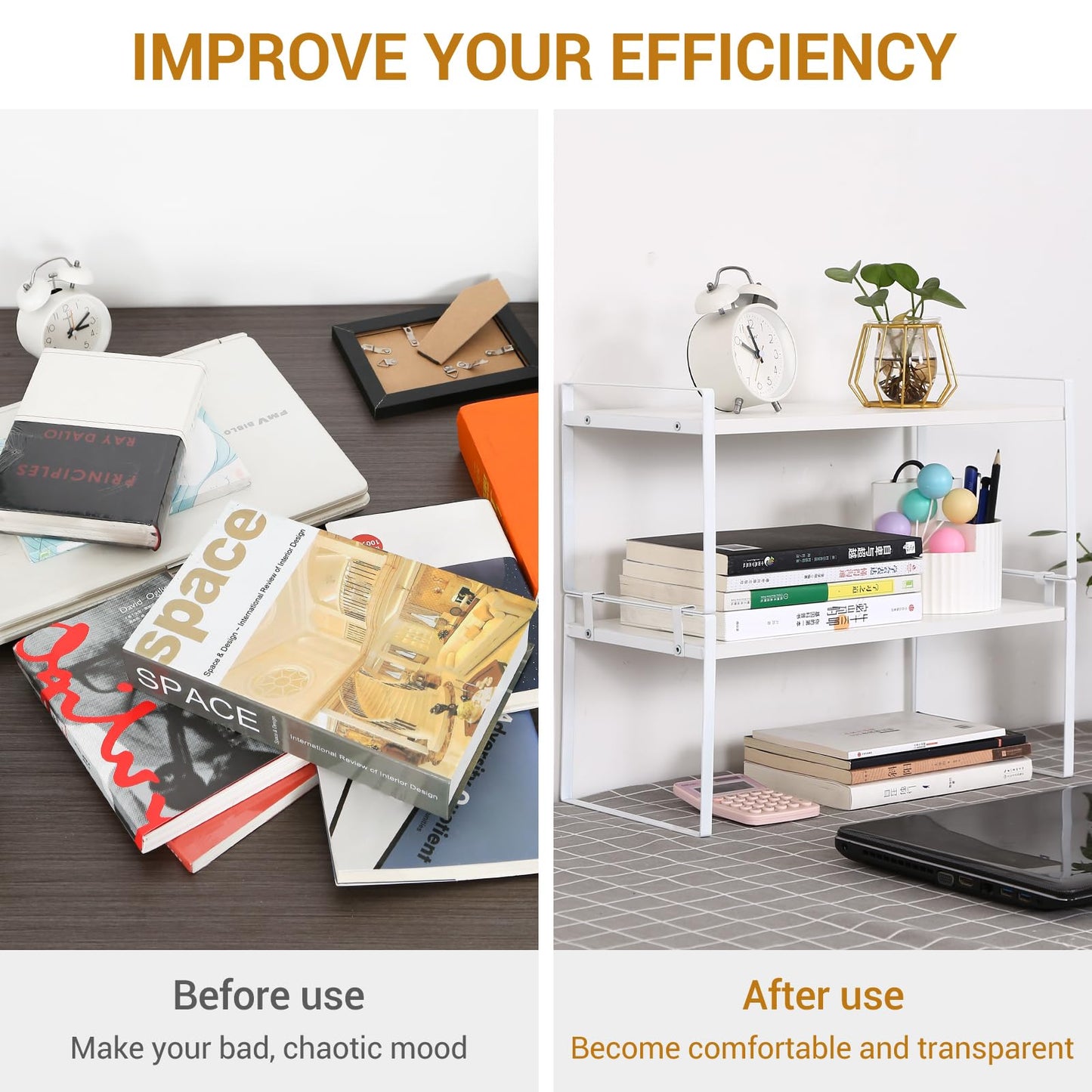 Desk Shelf Organizer for Top of Desk, Detachable 2 Tier Desktop Bookshelf, Wooden Desk Shelves Storage Rack, Small Desktop Shelf for Office Home Dorm, Tabletop Desk Organizer Stand (White+White)