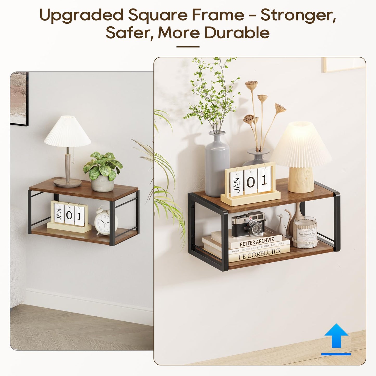 NANAGIFTREE Floating Nightstand, Wood Bedside Shelf Wall Mounted Nightstand with Heavy-Duty Frame, Floating Bedside Table for Bedroom, Bathroom, Kitchen, (Vintage Brown, 1 Pack)