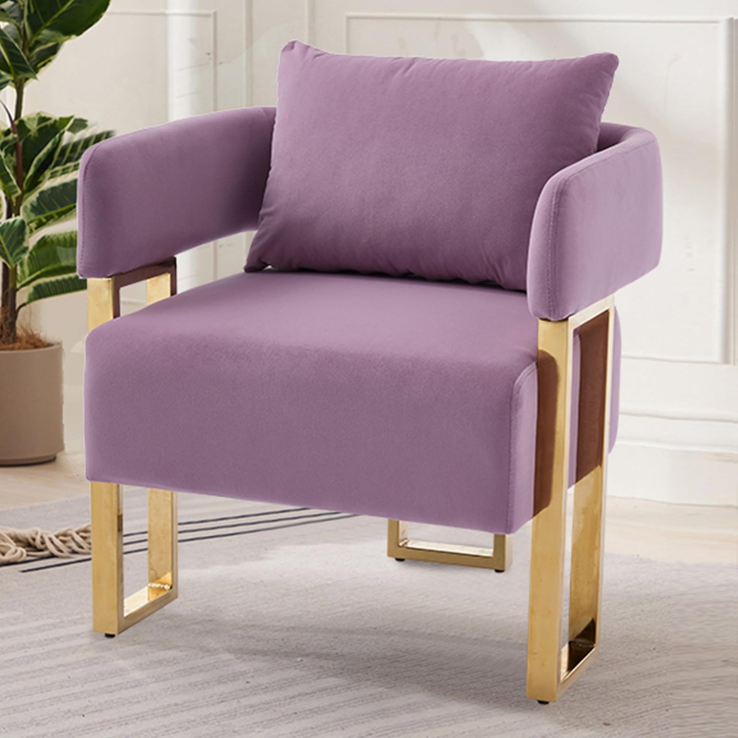 YITAI Modern Accent Chairs no Wheels, Living Room Side Chairs with Golden Metal Legs, Barrel Soft Velvet Upholstered Reading Armchairs for OfficeStudyReception RoomBedroomLounge,Purple Set of 2