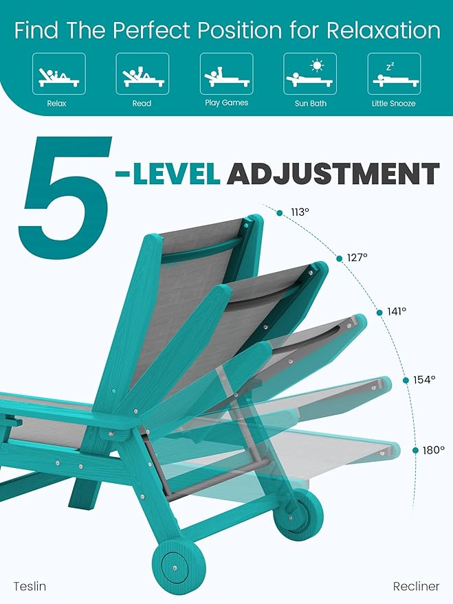 SERWALL Textilene Patio Chaise Lounge Chair, 5 Positions Adjustable Outdoor
