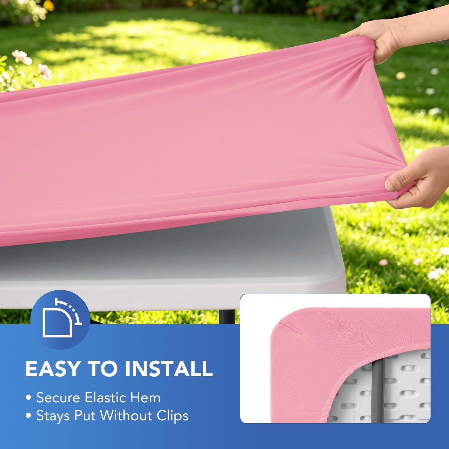 Enjoyidea Square Fitted Tablecloth 34x34 Inch-2 Pack Pink Elastic Spandex Table Cover-Small Stretch Card Folding Table Cloths Topper Cap for Kitchen Dining Picnic Patio Outdoor Party Tables