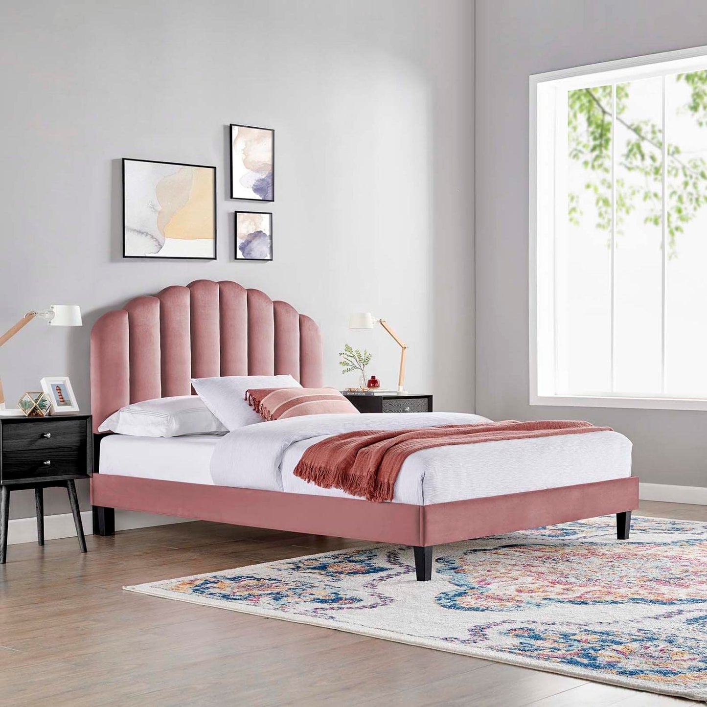 Modway Daisy Modern Performance Velvet Twin Platform Bed in Dusty Rose Pink