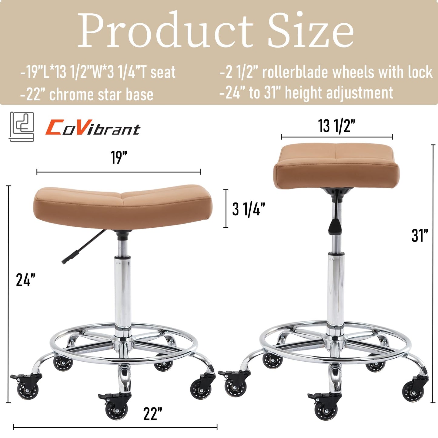 CoVibrant Heavy Duty Adjustable Rolling Stool with Wide Seat, Lockable Rubber Wheels & Footrest - Swivel Stool Chair for Kitchen, Lab, Office, Salon, Home (Camel, 24''-31'')