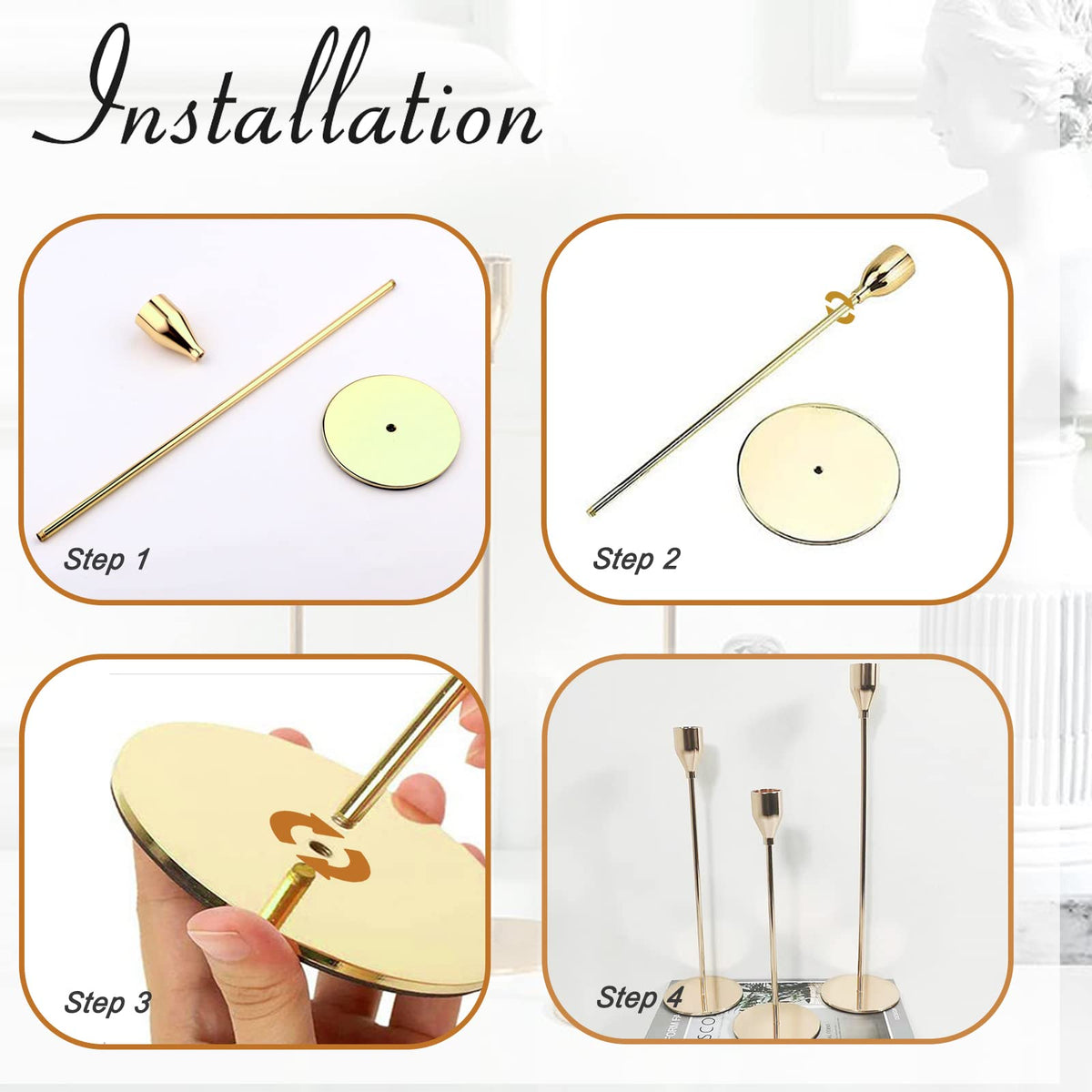 6Pcs Lemon Gold Candlestick Holders, Tall Taper Candelabra Stands fits 3/4 inch Thick Pillar Candle Stick, Elegant Decor Set for Table Centerpiece, Floor, Fireplace as Date, Festival, Fitting.