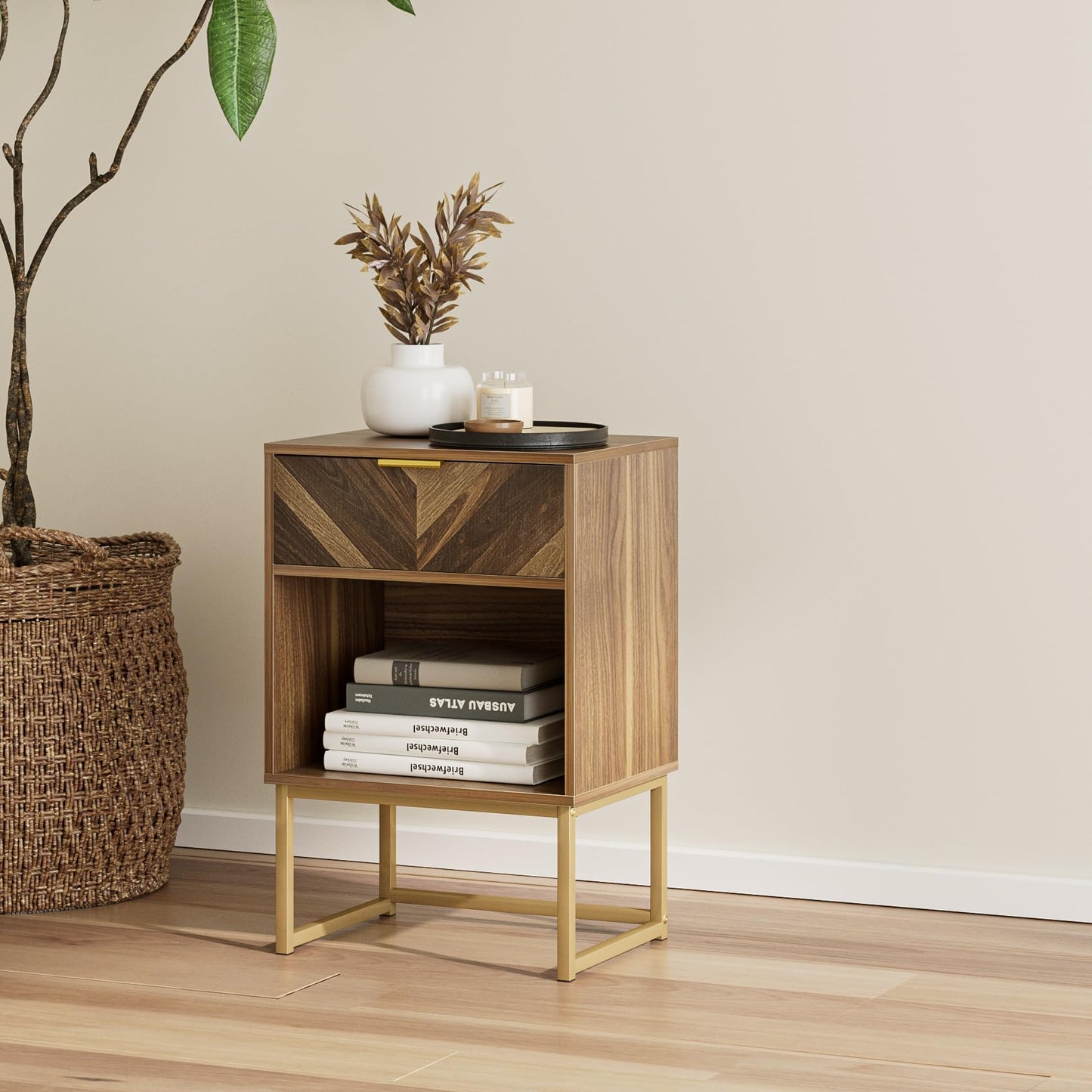 Masupu Nightstand,Modern Night Stand Boho Farmhouse Wood Bedside Table with Storage Drawer Side End Table for Bedroom,Living Room,Office,Walnut Brown