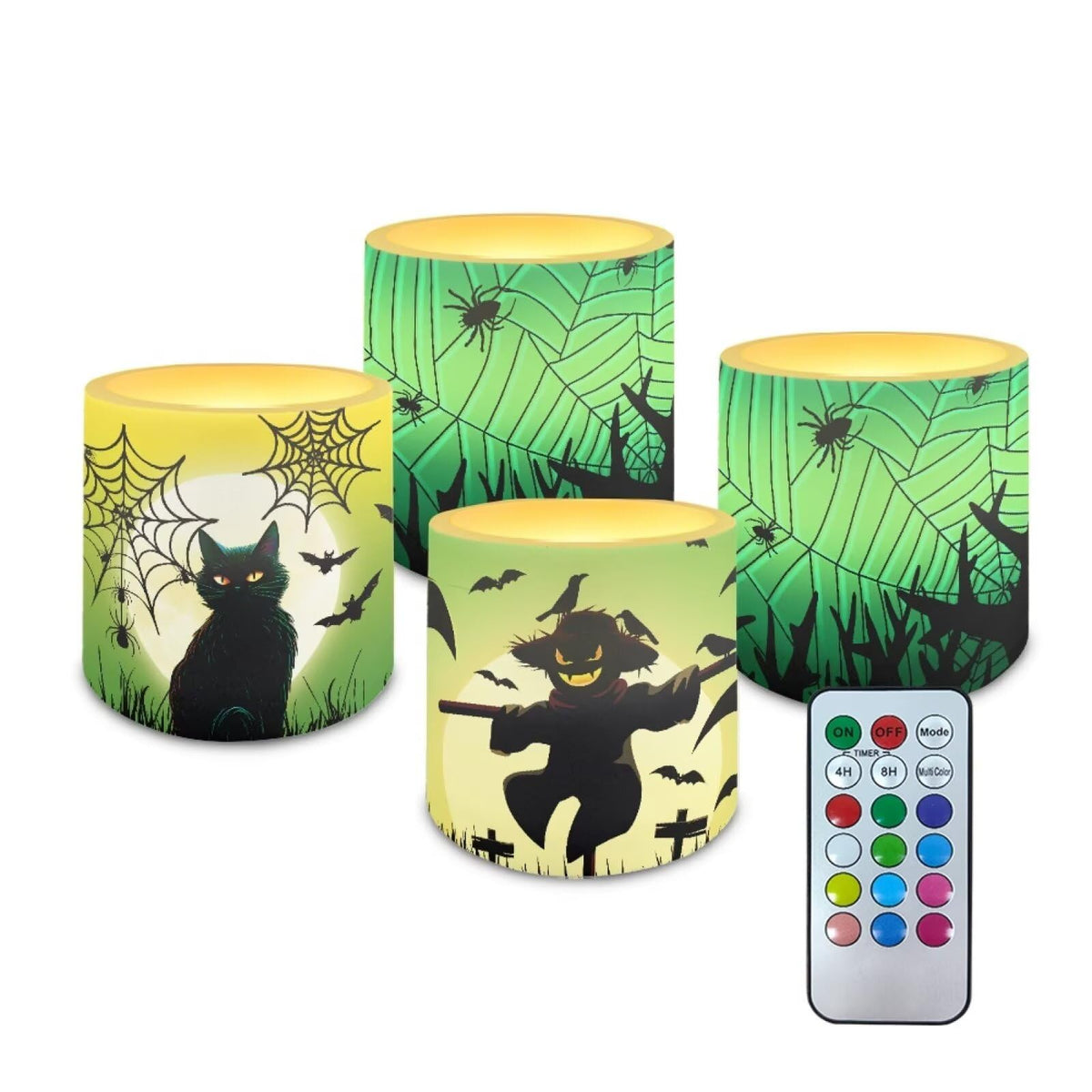 Merkmak Flameless Candles with Remote Battery Operated Candles with Timer Halloween Spider Web Black Cat Pumpkin Print Flameless Pillar Tea Lights for Party Home Decorations