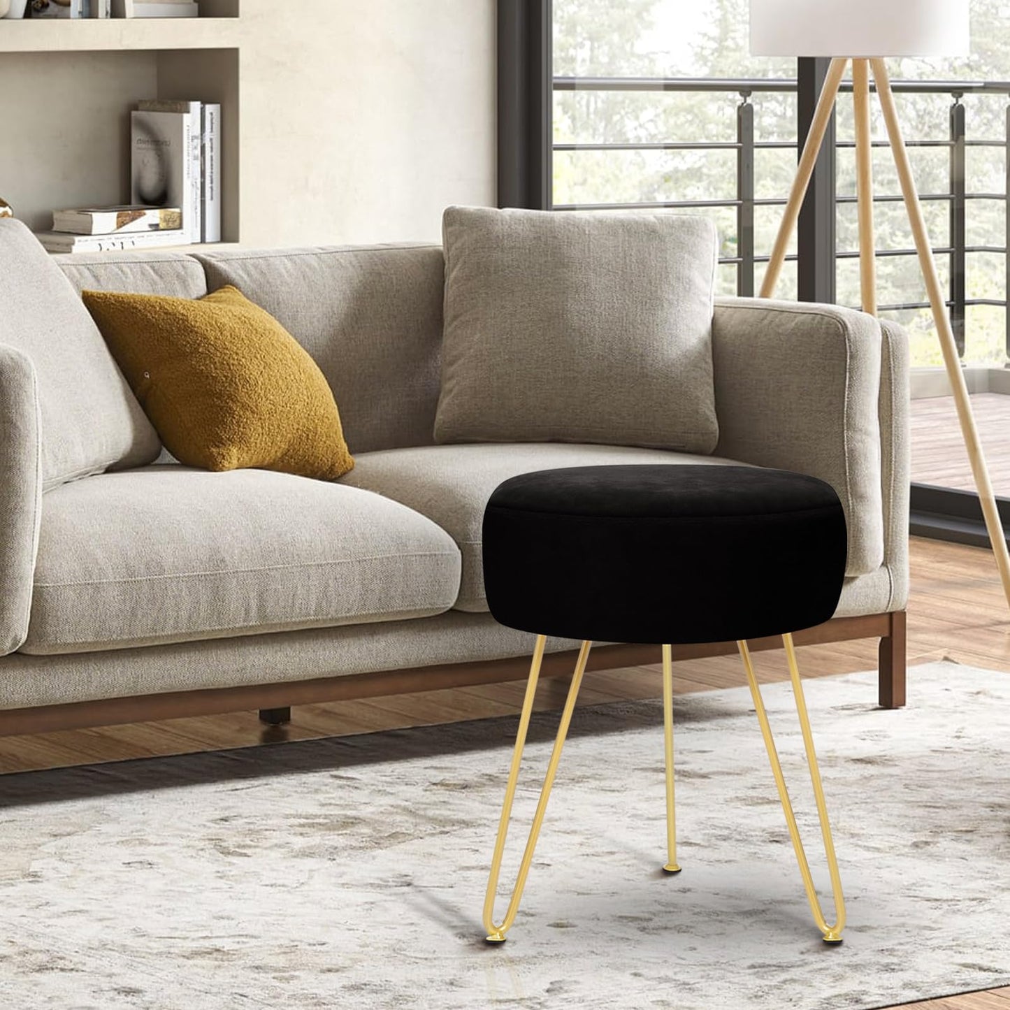 YOONIC Velvet Soft Modern Vanity Footstool -Round Footrest Stool Ottoman Side Table Seat Dressing with Golden Metal Leg and Sponge Filling,Upholstered Foot Rest, for Living Room and Bedroom Black