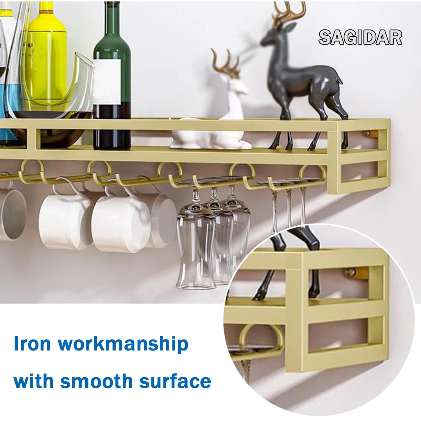 LWJQRSP Heavy-Duty Glass Wine Rack Support 60/80/100cm Hanging Wine Glass Holder Floating Wall Wine Storage Black/White/Gold Screw Installation High Load Capacity for Cafe Bar Restaurant