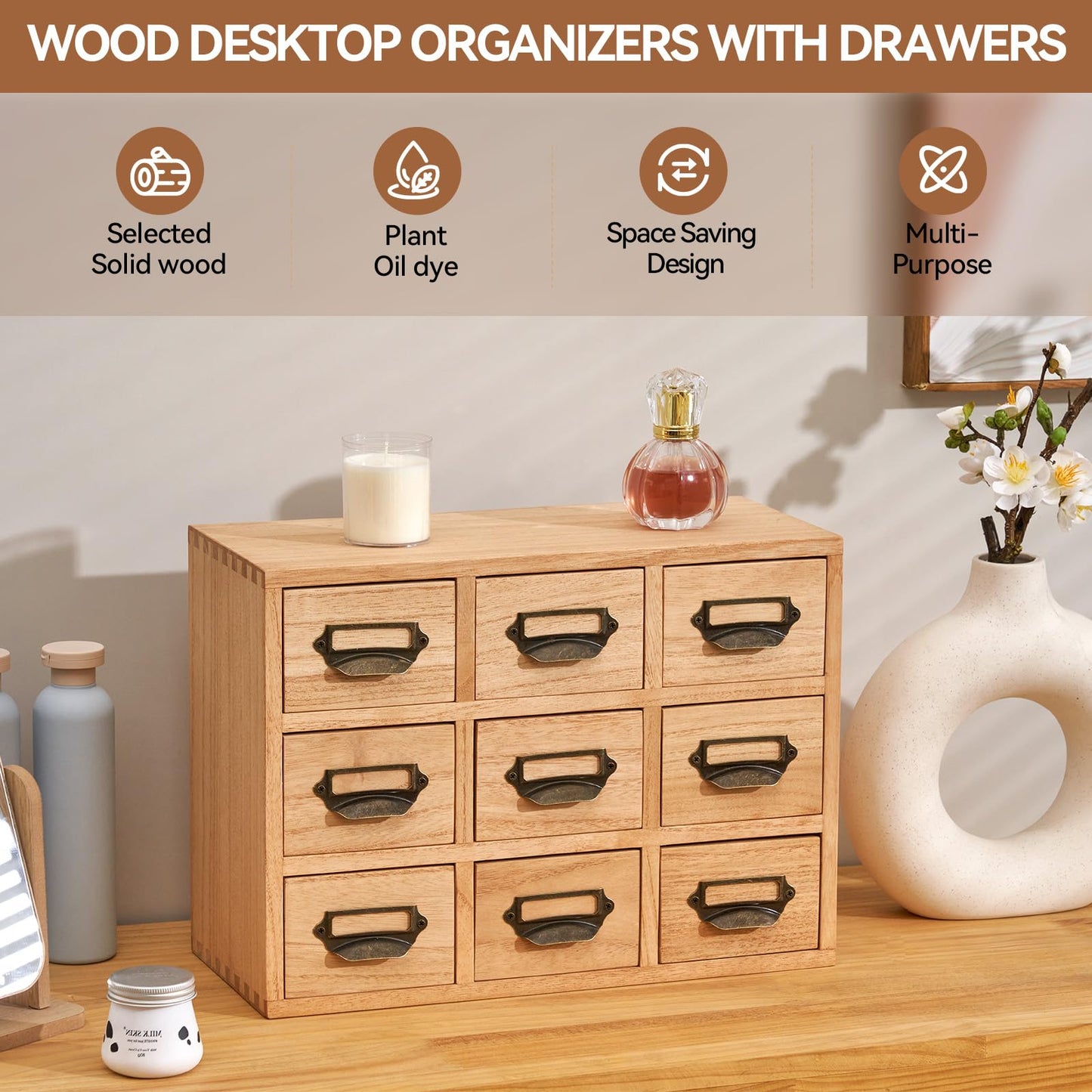 KIRIGEN Wooden Desk Storage Cabinet with 9 Mini Drawers, Wood Desktop Organizer with Metal Label Handles for Office Supplies, Crafts, Tea Bags, Makeup, Natural 9CG-NA