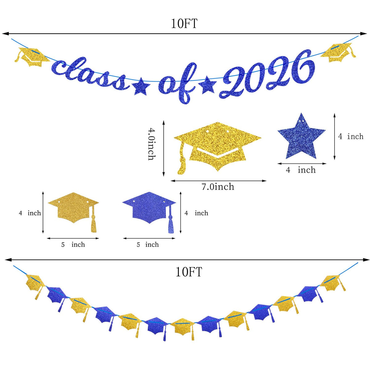 Navy-Blue White-Gold Party-Decorations Graduation Banner - 8pcs Kits Class of 2026 Cap Garland Streamers, Paper Tissue Pom Poms Flowers, Congratulations Grad Decor Lasting Surprise