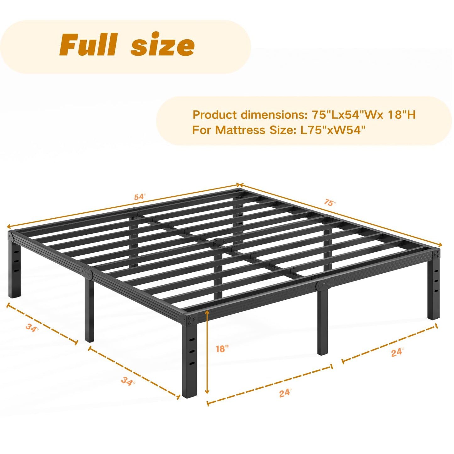 Neslime 18 Inch Full Size Bed Frame No Box Spring Needed, Heavy Duty Metal Platform Bed Frame Full for Heavy People, Easy Assembly, Noise Free, Black