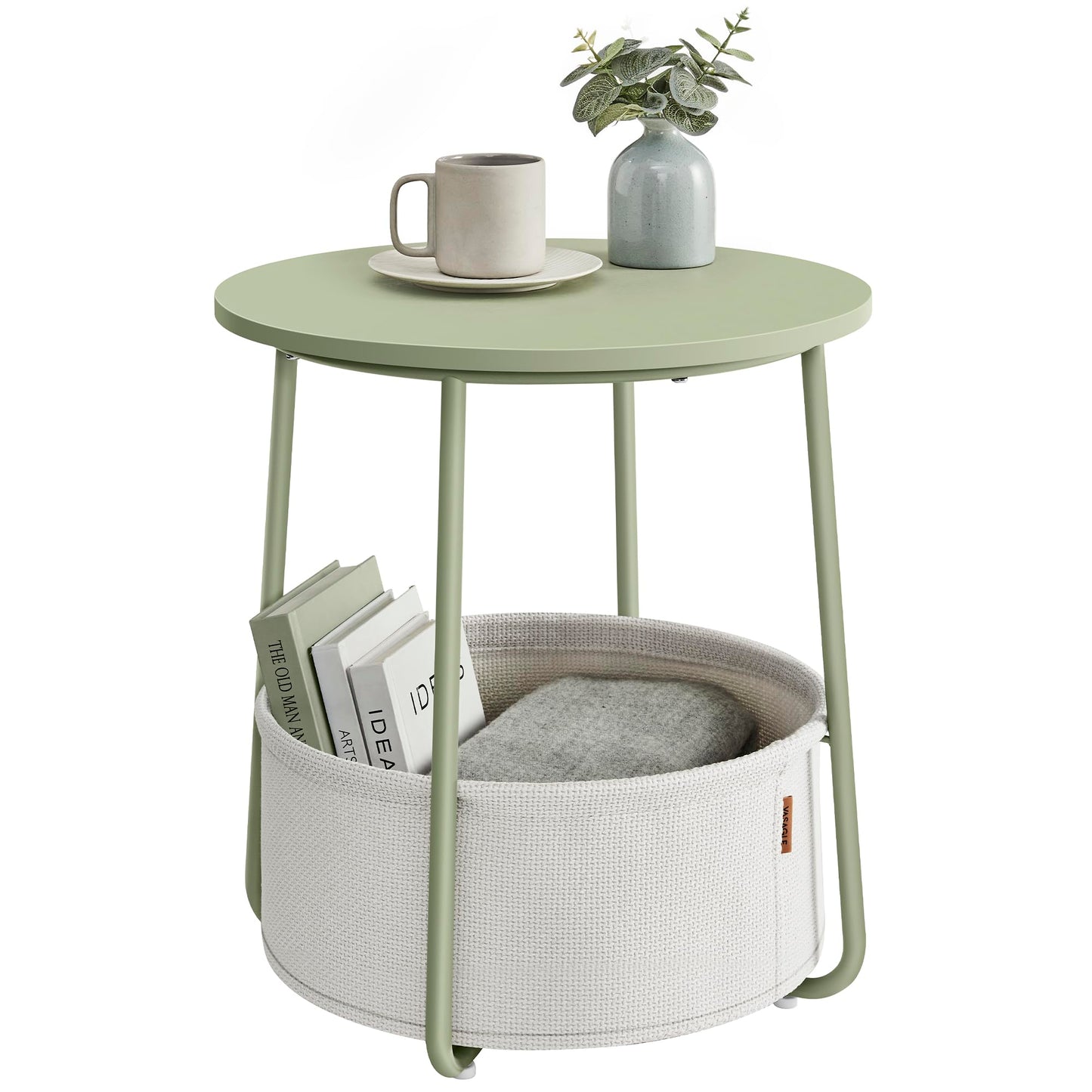 VASAGLE LILEA Collection - Small Round Side End Table, Modern Nightstand with Fabric Basket, Laurel Green and Cream White ULET223C69
