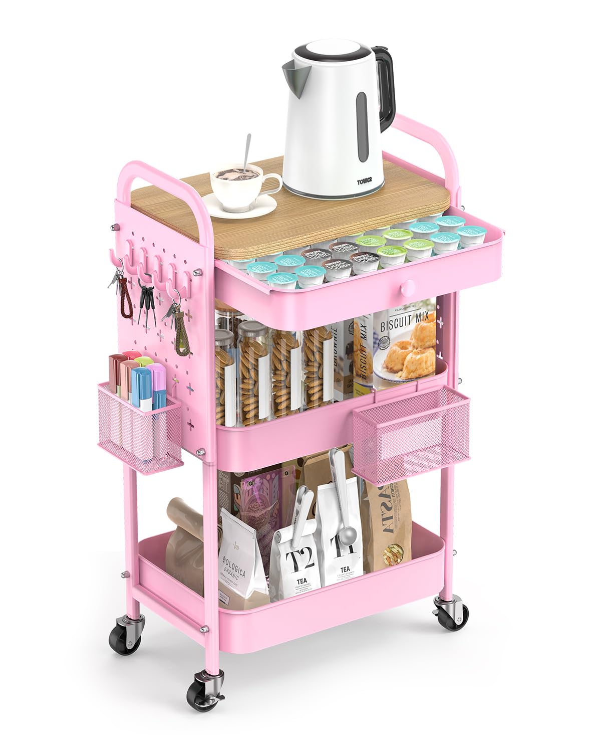 ALVOROG Rolling Cart with Drawer and Wood Table Top, 3 Tier Metal Rolling Utility Cart on Wheels with DIY Pegboards, Hanging Baskets,Hooks for Kitchen, Bedroom, Office, Craft Supplies
