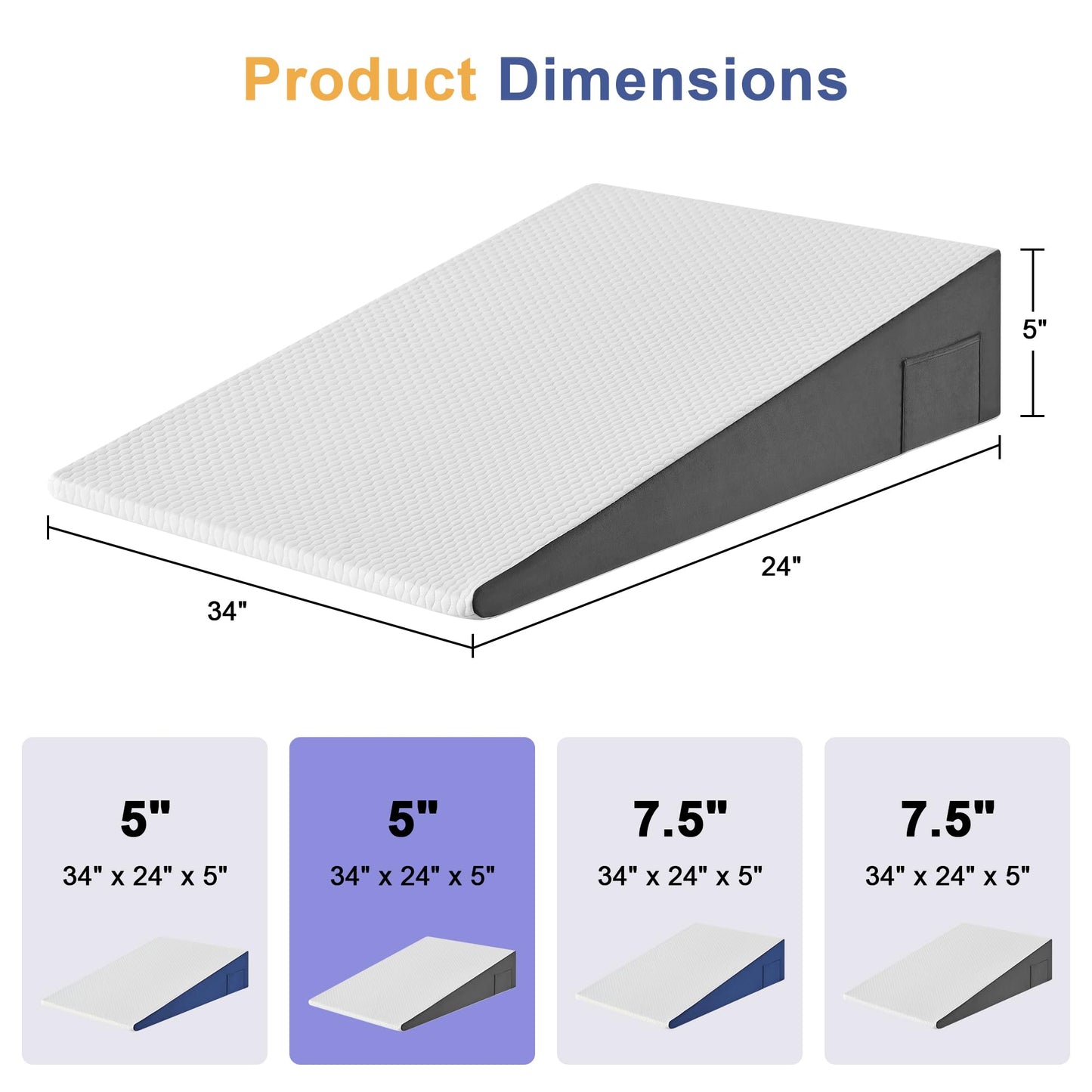 Yojoker Extra-Long Wedge Pillow, 34" Bed Incline Cushion for Sleeping, Back & Arm Support, After Surgery, Acid Reflux, Snoring Relief, Foam Triangle Pillow, Removable Washable Cover, 5" White Gray