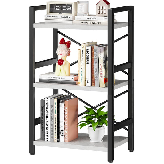 Homeiju Bookshelf, 3 Tier Industrial Bookcase, Metal Small Bookcase, Rustic Etagere Book Shelf Storage Organizer for Living Room, Bedroom, and Home Office(White) Patent Pending D29873033