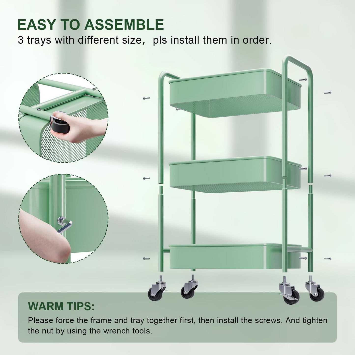 3 Tier Rolling Storage Cart Metal with Wheels, Green Baby Diaper Caddy Carts, Three Tiered Craft Cart Organizer on Wheels, Utility Roller Trolley for Art, Book, Snack, Office, Laundry, Bathroom Shelf