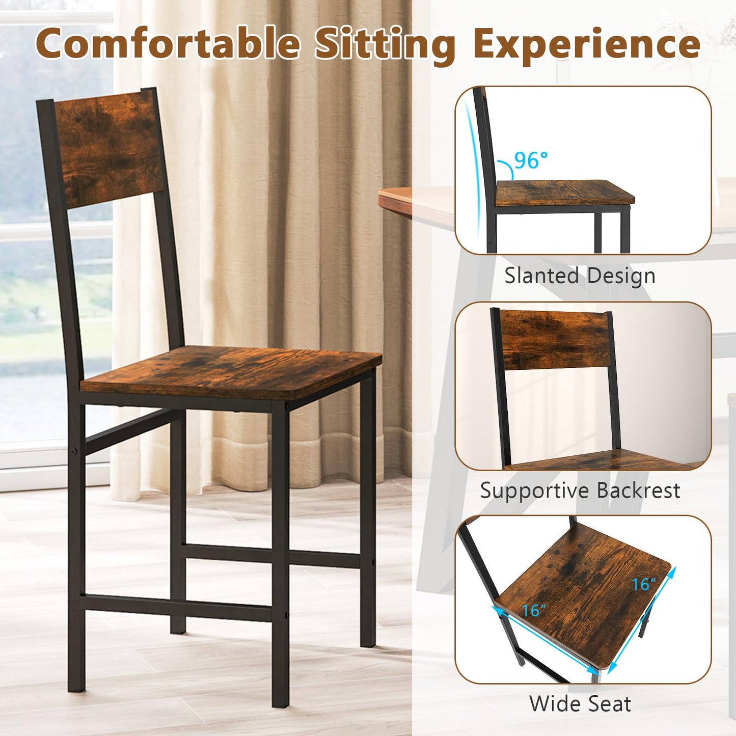 Giantex Dining Chairs Set of 2, Industrial Kitchen Chairs with Metal Legs, Slanted Back, Rustic Wood Grain, Armless Side Chairs for Dining Room, Restaurant, Living Room, Rustic Brown & Black