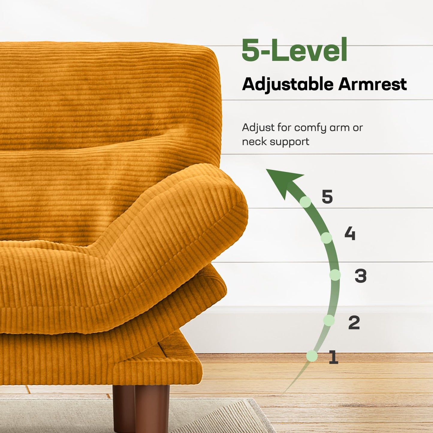 Marsail 66" Futon Sofa Bed, Convertible Corduroy Futon Couch with Adjustable Backrest & Armrests, Small Sleeper Sofa Loveseat for Living Room, Apartment, Office, Yellow