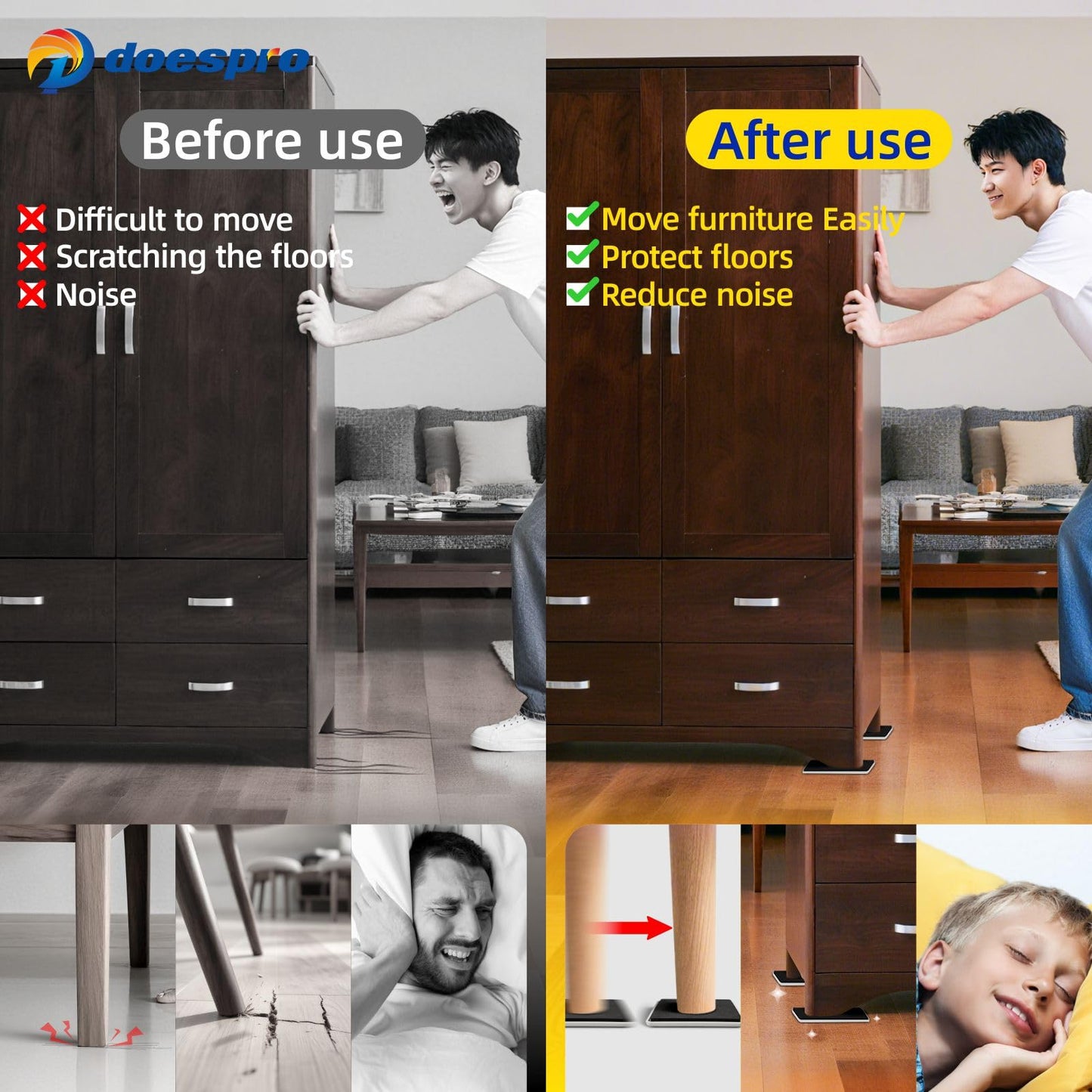8 Pcs Rectangle Large Furniture Sliders for Hardwood Floors & Carpet-Reusable Heavy Duty Furniture Movers Sliders,Chair Glides for Wood Floors Tile Protector to Move Furniture Easily(2.5"*9" Gray)