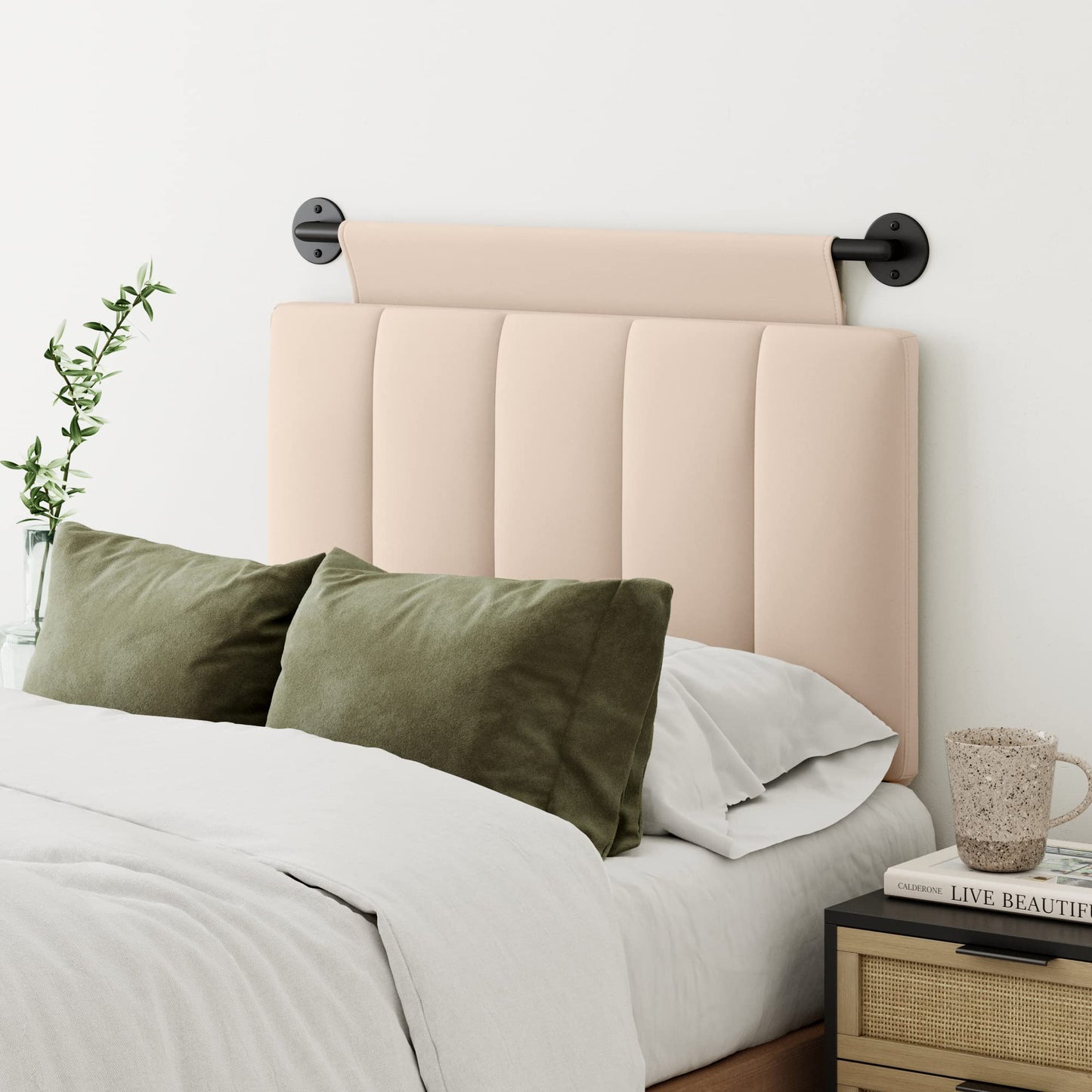 Nathan James Remi Channel Tufted Wall Mount Hanging Headboard, Twin, White Cloud/Matte Black