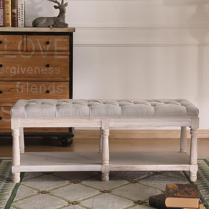 Farmhouse Storage Bench Wooden Entryway Upholstered Tufted Ottoman Bench