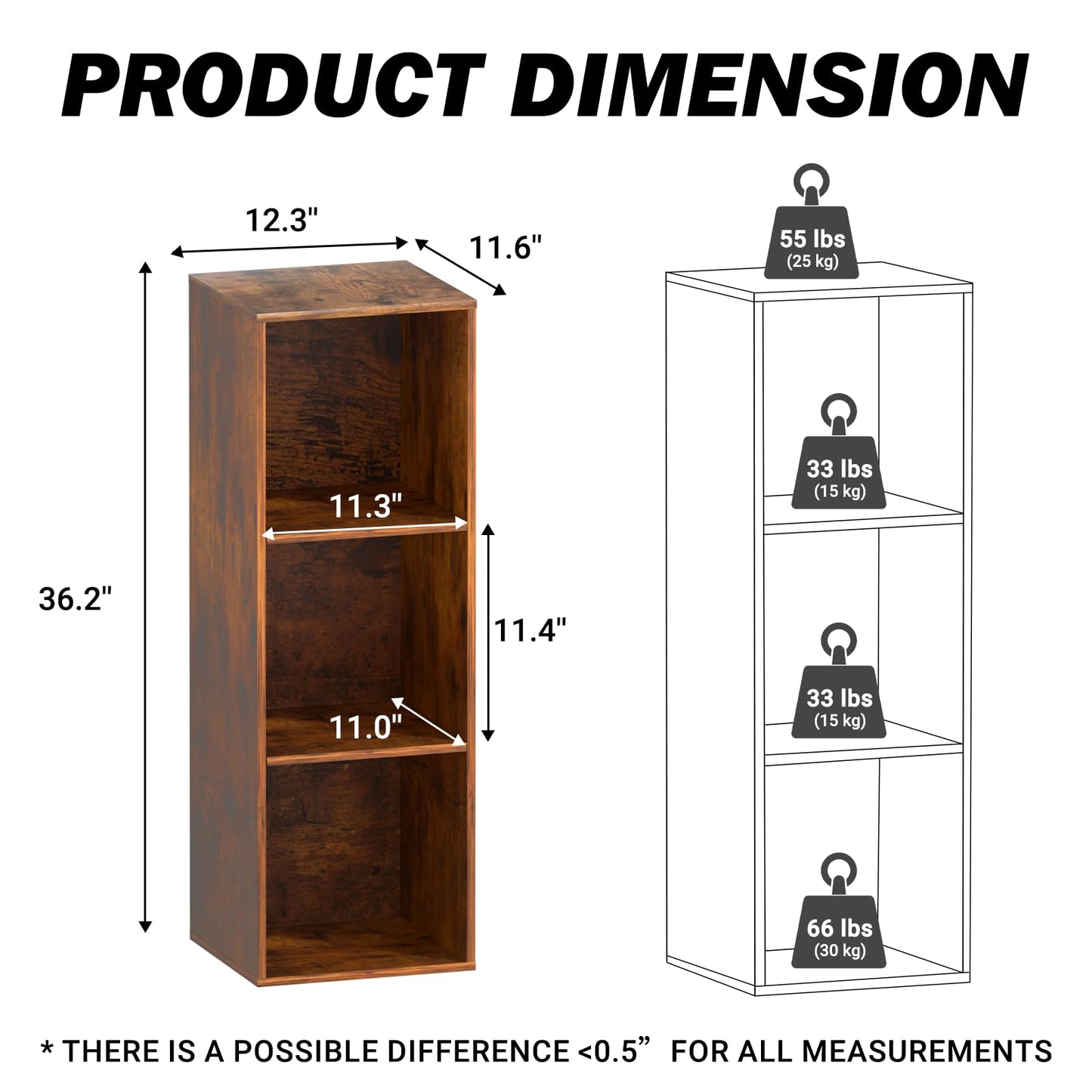NewBeth Cube Storage Organizer, 3 Cube Retro Bookshelf, Freestanding 3 Tier Open Shelf, Rustic Brown Retro Shelves for Home Office, Bedroom, Living Room, Study