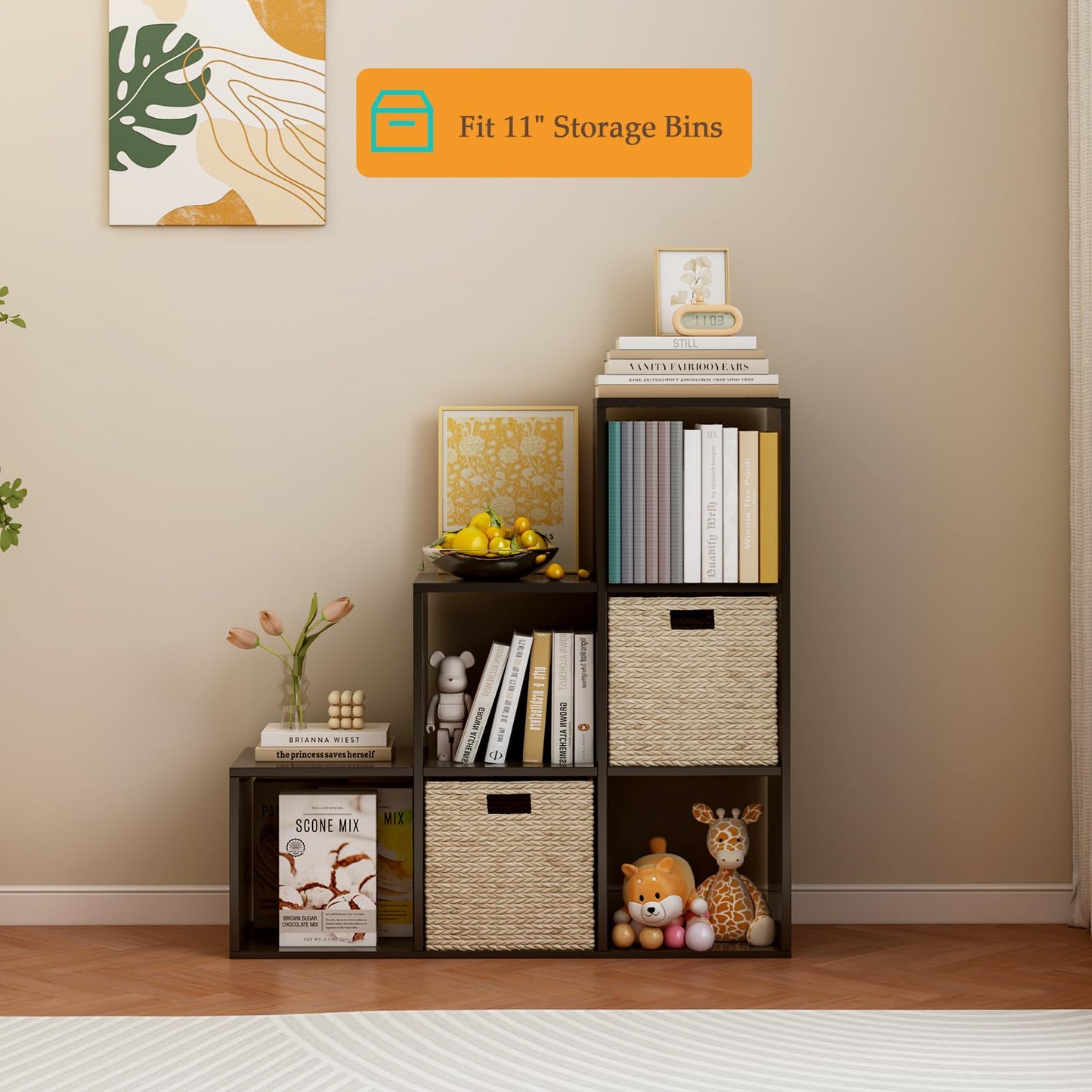 OSCHF Ladder Cube Storage Bookcase - Wooden L-Shaped 3-Tier Corner Shelf, Reversible 6-Cube Organizer for Home & Office, Black