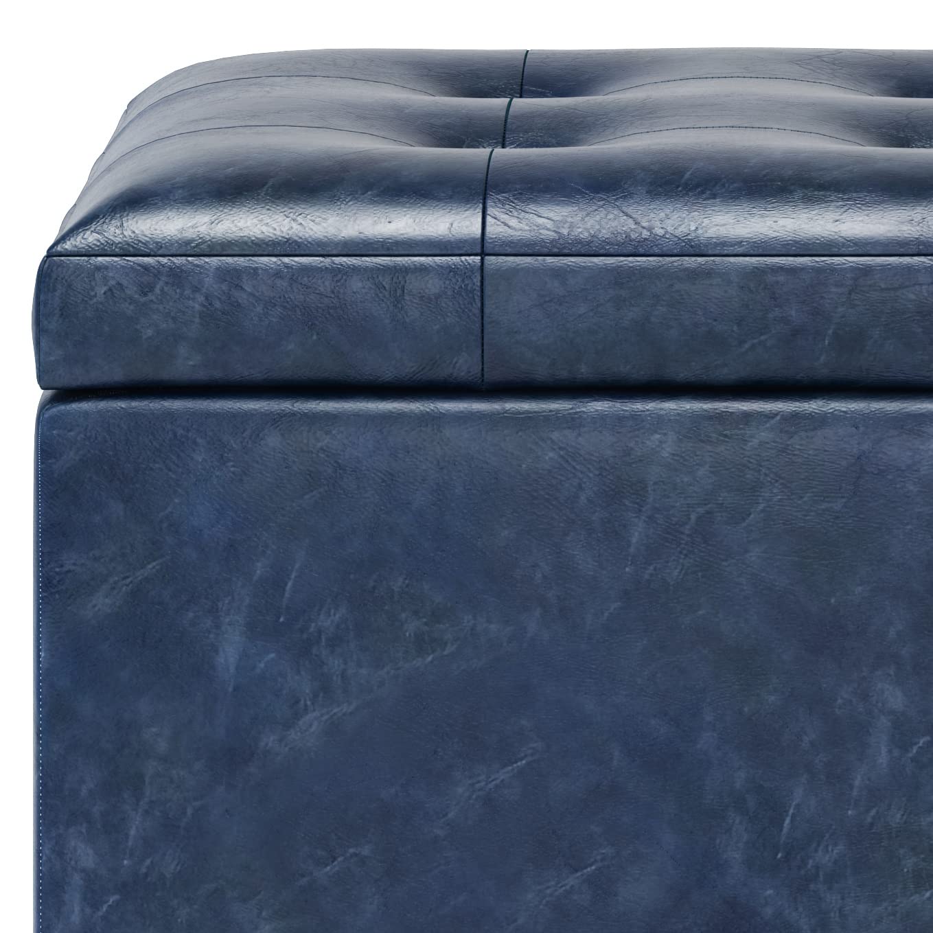 SIMPLIHOME Cosmopolitan Storage Ottoman - 34 inch Wide Upholstered Vegan Leather Rectangle Storage Ottoman Bench in Denim Blue, Transitional Tufted Ottoman for Living Room or Entryway with Lift-Up Lid