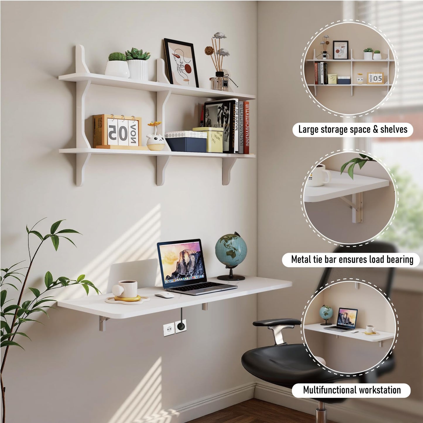 Pmnianhua Wall Mounted Folding Table, 47'' Floating Laptop Desk with Shelves, Foldable Drop Leaf Table, Wall Mount Fold Down Table for Laundry Room Kitchen Bar Home Office Small Space(White)