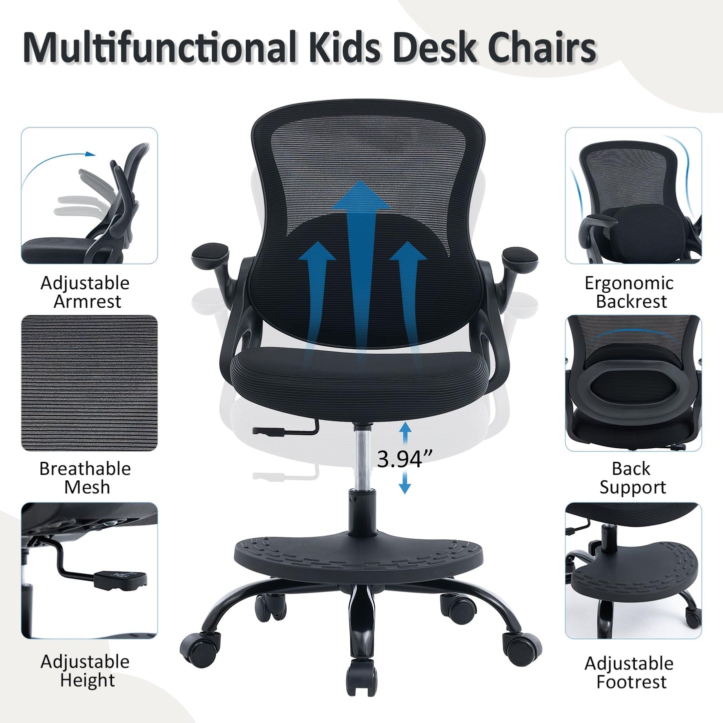 Kids Desk Chair,Ergonomic Study Chair with Adjustable Height,Swivel Mesh Desk Chair with Wheels,Home Office Chair for Children in Home Bedroom Black