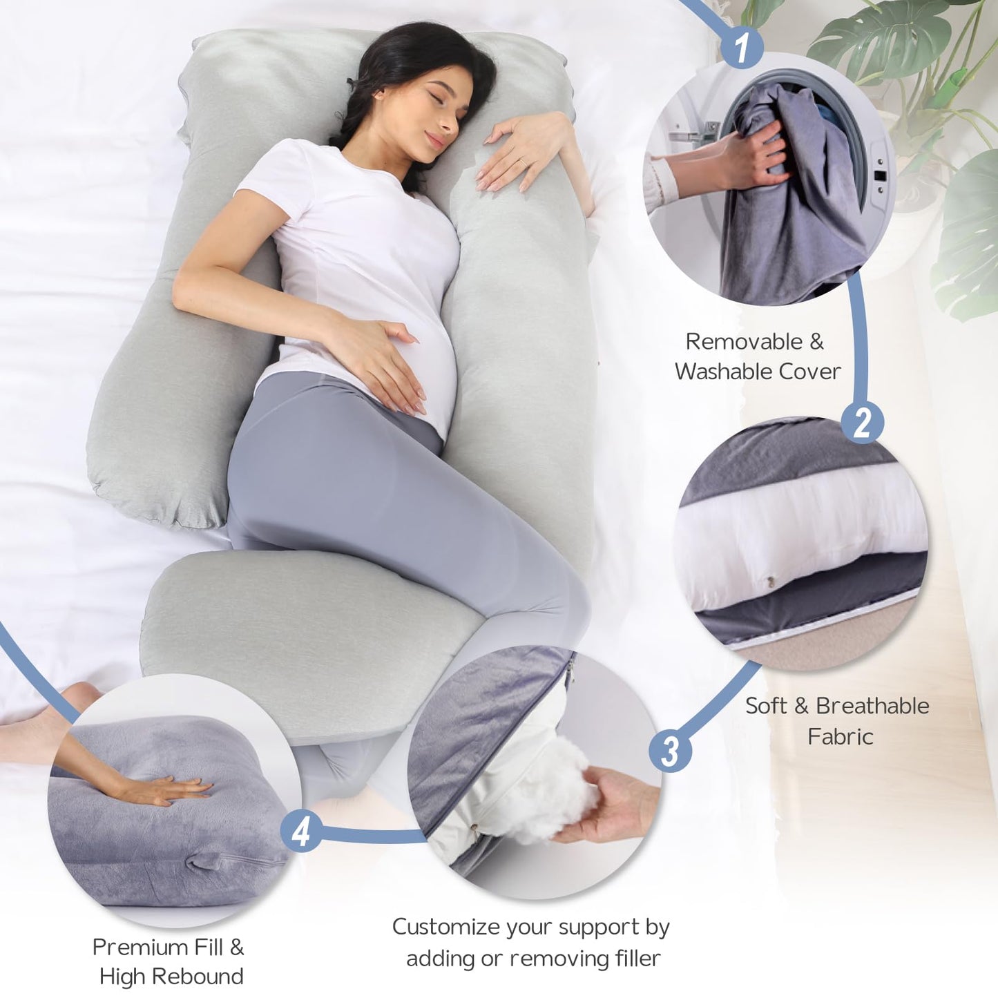 EZMOM Pregnancy Pillow for Sleeping, Soft 57“ Full Body Maternity Pillow, U Shaped with Removable Washable Cover, Support for Back, Belly, Leg, Hip, Neck & Shoulder (Cooling Grey)