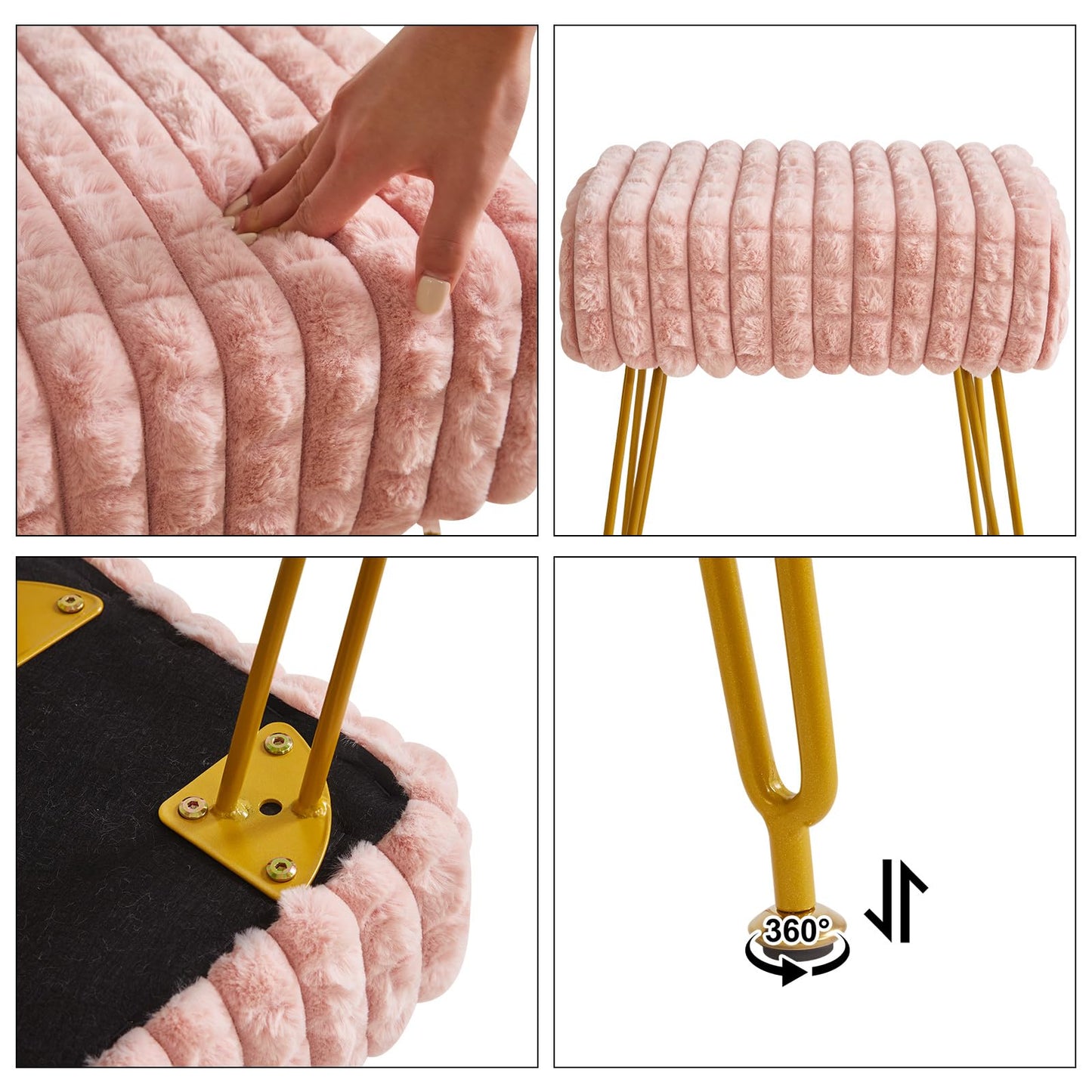 IBUYKE Rectangular Footrest Stool Ottoman, Makeup Vanity Stool Side Table, Velvet Dressing Table Seat, Footstool Chair, Golden Steel Legs, for Makeup Room, Bedroom, Square Grid Pattern, Pink WBD003P