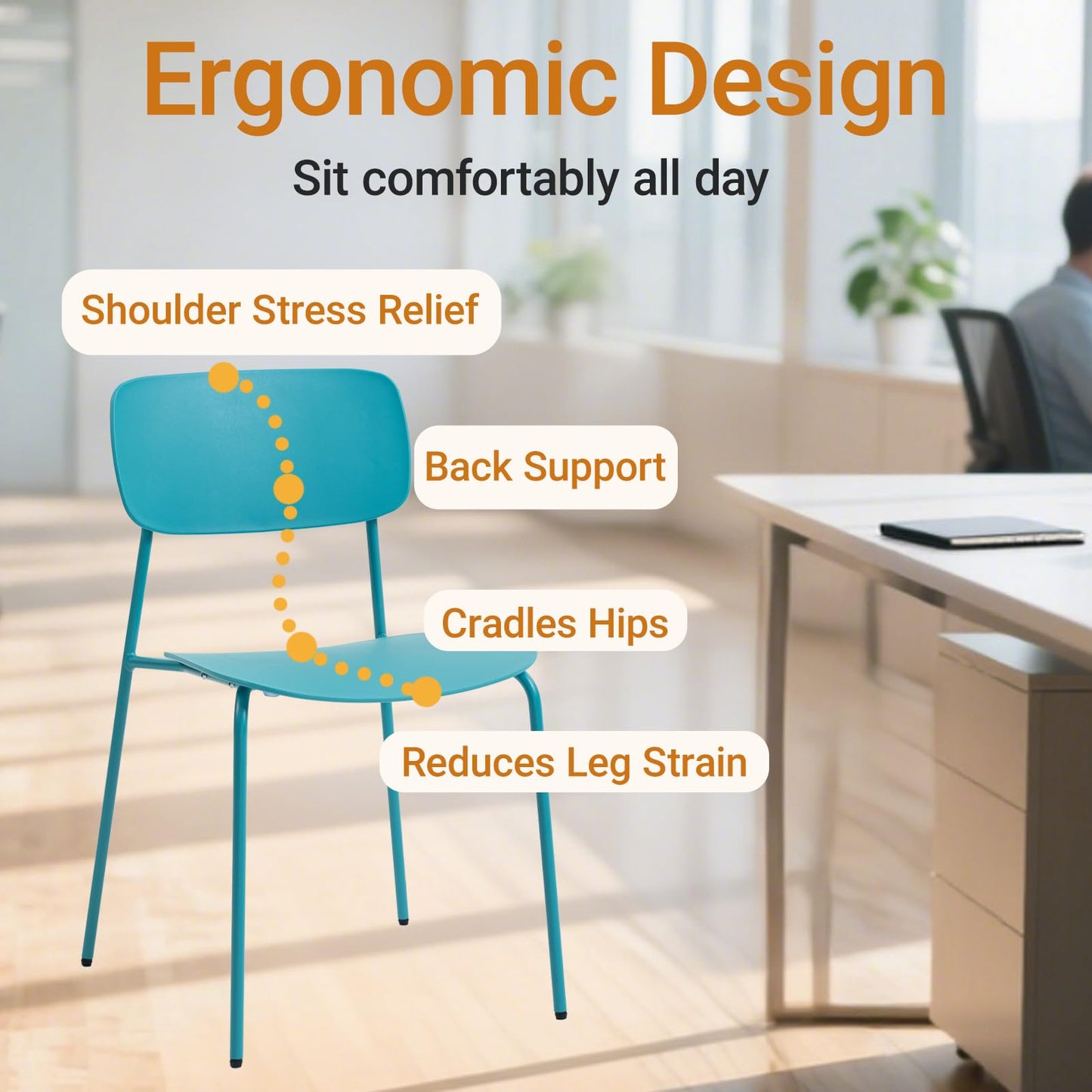 Sidanli Armless Stacking Chairs Set of 4, Office Waiting Room Chairs with Metal Legs and Ergonomic Plastic Seat, Metal Chairs Set of 4 for Conference Reception Dining Room, Blue