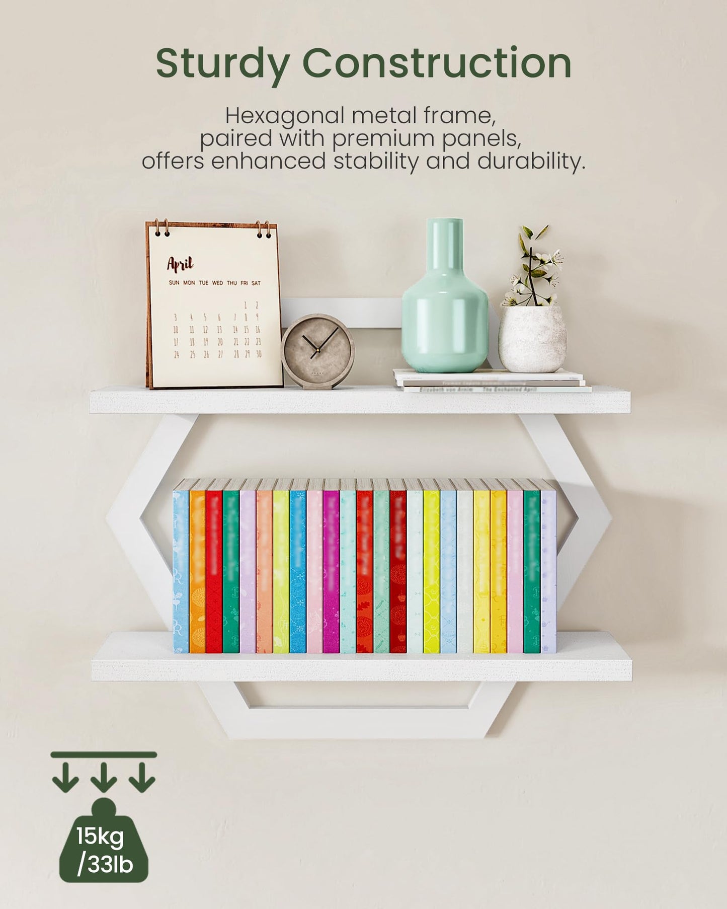 CHOEZON Hexagon Floating Shelves for Wall, Set of 2, 2 -Tier Hanging Shelves, Wall Mounted Storage Shelves, for Living Room, Bedroom, Kitchen, Home Office, Study, White TBJ06P2WB