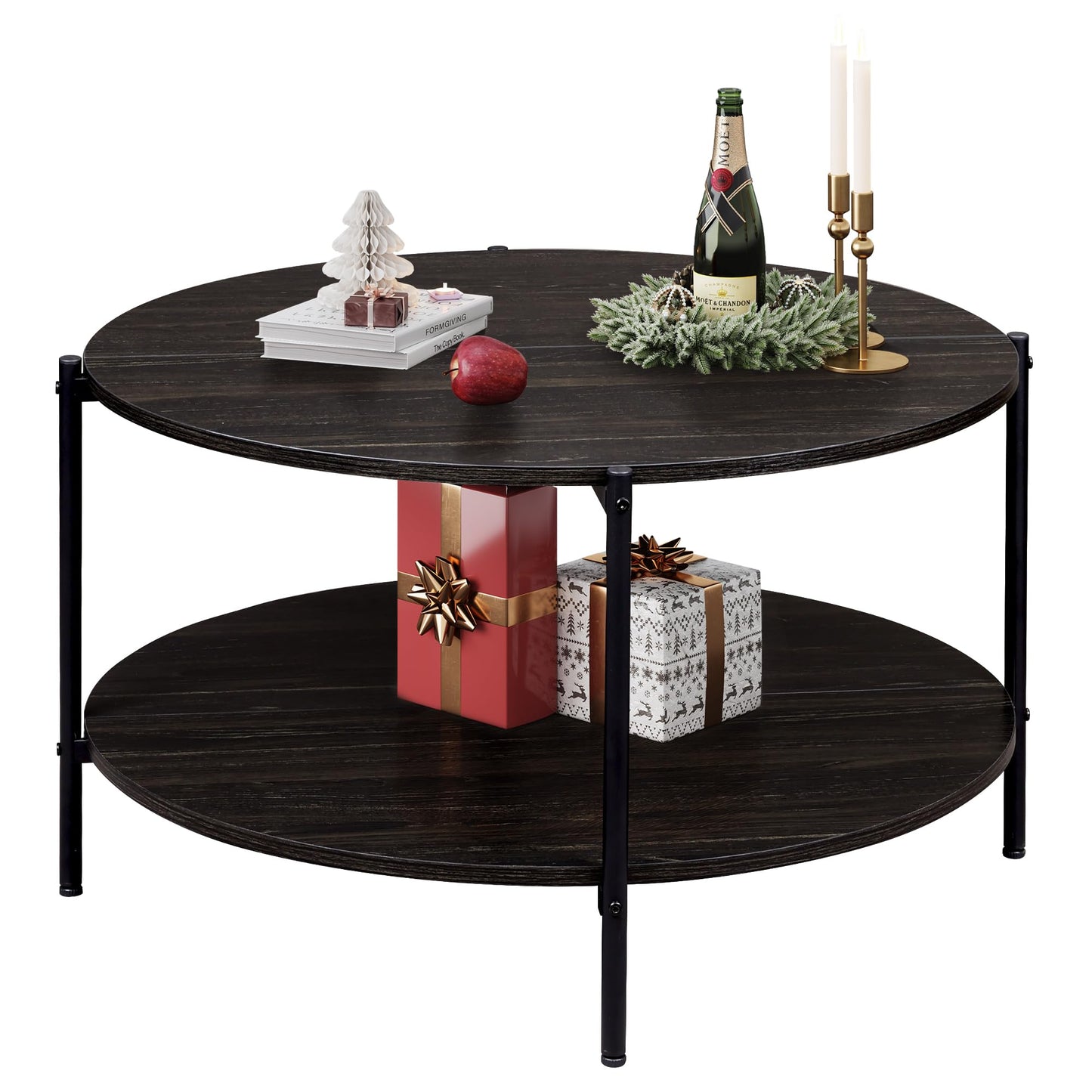 WLIVE Round Coffee Table for Living Room, 32.6" Small Coffee Table with Open Storage Shelf, 2-Tier Industrial Circle Wood Center Table for Bedroom, Home Office, Charcoal Black