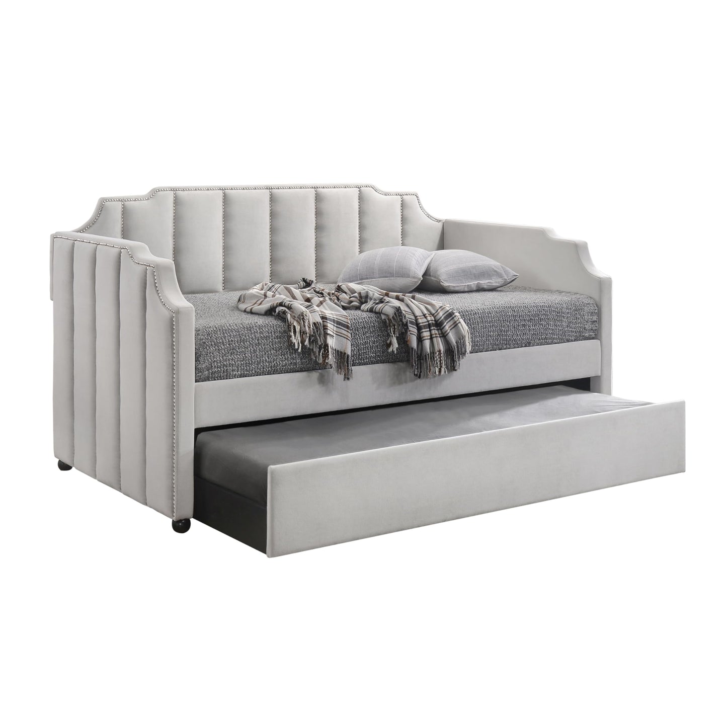 KOYVRY Twin Daybed with Trundle - Upholstered Twin Daybed with Horizontal Tufting and Nailhead Trim, Velvet Daybed with Arched Frame and 28 Wooden Slats, Twin Day Beds for Adults, Gray